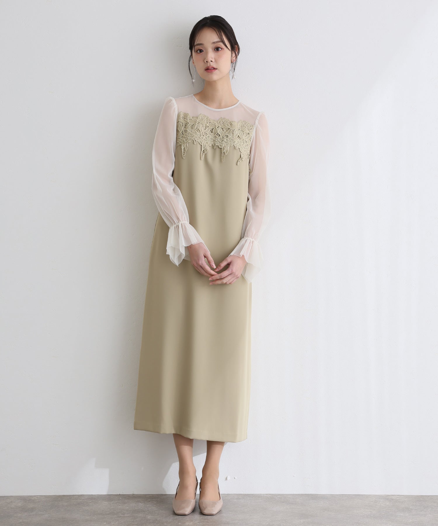 プールヴー PourVous 結婚式二次会パーティードレス袖ありとミモレ丈ケミカルレース変形ベルスリーブIラインシルエットお呼ばれフォーマルオケージョンドレス同窓会成人式 フォーマル ワンピース パーティードレス （グリーン） グリーン