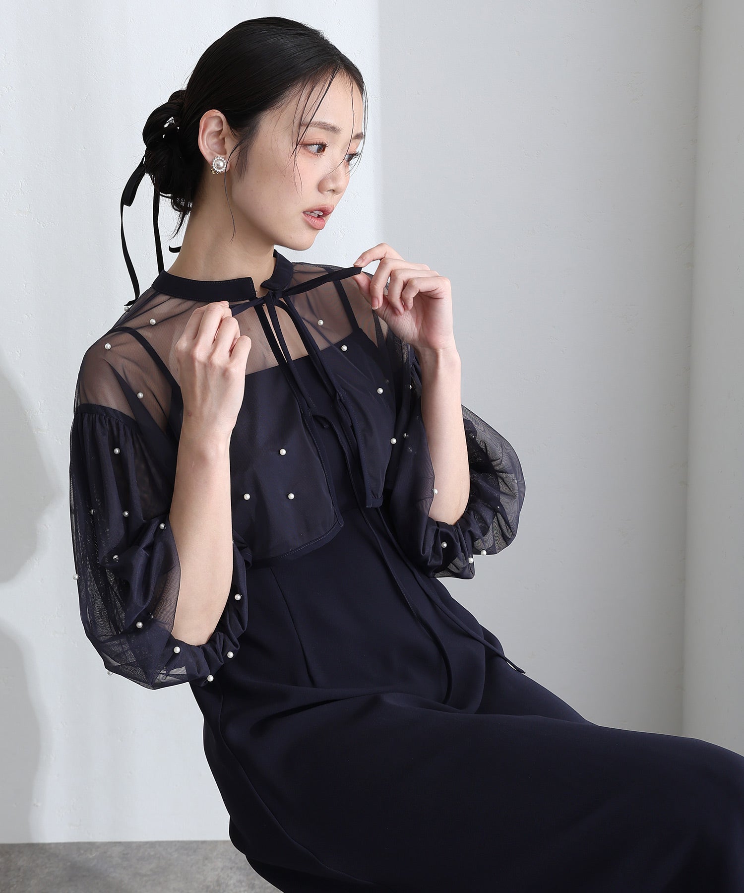 プールヴー PourVous 結婚式二次会パーティードレスミモレ丈と袖ありボリュームスリーブパール付きチュールボレロキャミワンピースセレモニーフォーマルオケージョン同窓会成人式 フォーマル ワンピース パーティードレス （ネイビー） ネイビー