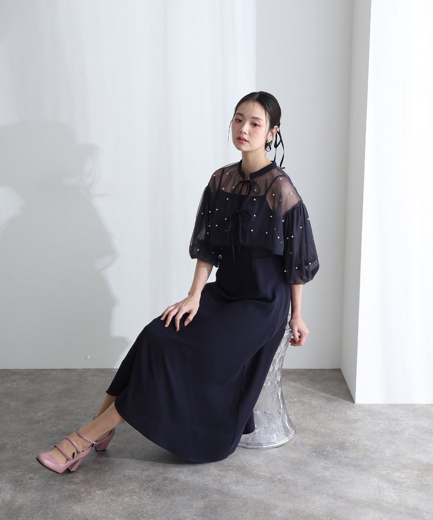 プールヴー PourVous 結婚式二次会パーティードレスミモレ丈と袖ありボリュームスリーブパール付きチュールボレロキャミワンピースセレモニーフォーマルオケージョン同窓会成人式 フォーマル ワンピース パーティードレス （ネイビー） ネイビー