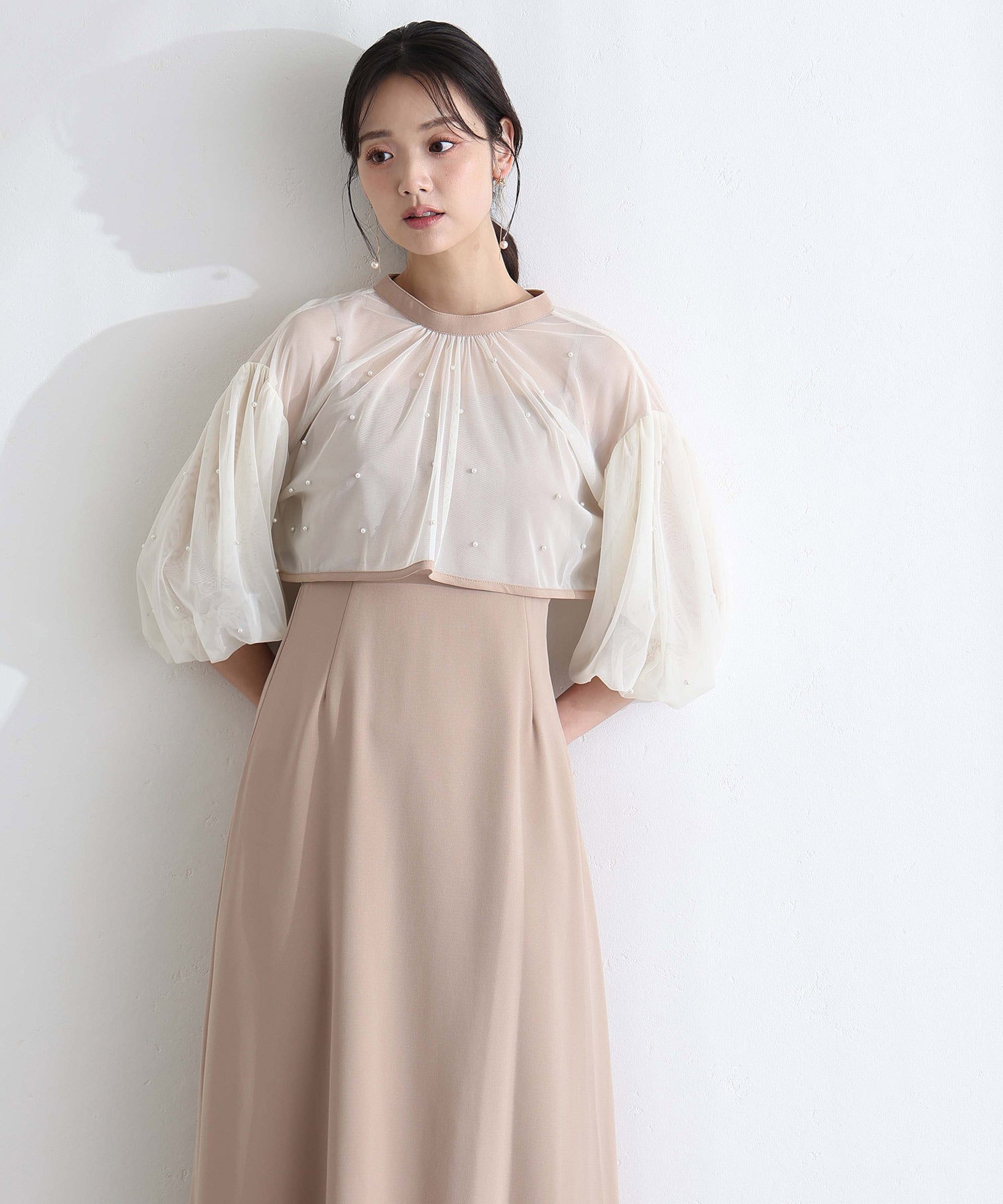 プールヴー PourVous 結婚式二次会パーティードレスミモレ丈と袖ありボリュームスリーブパール付きチュールボレロキャミワンピースセレモニーフォーマルオケージョン同窓会成人式 フォーマル ワンピース パーティードレス （アイボリー×ベージュ） アイボリー×ベージュ