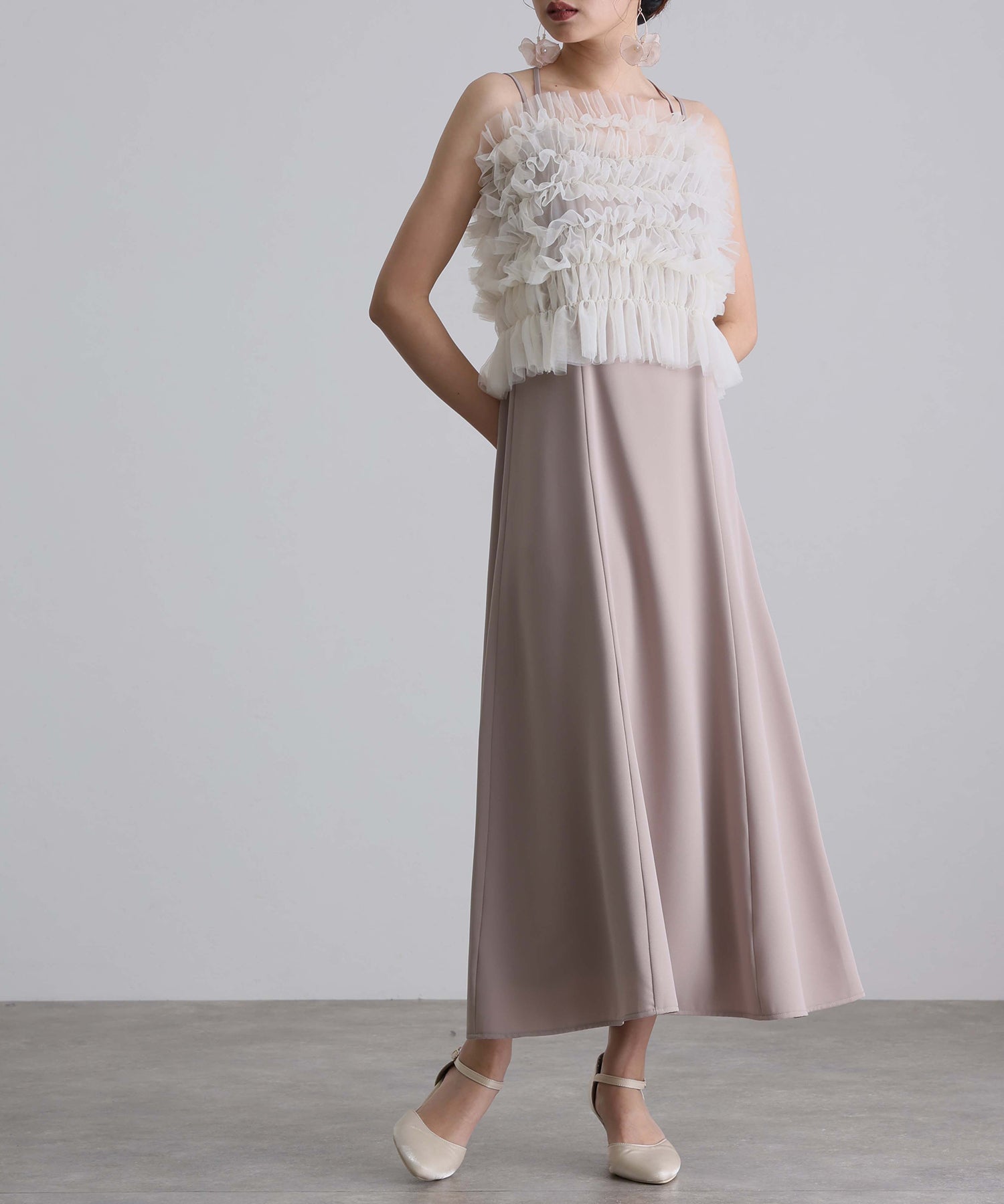 プールヴー PourVous ロング&ノースリーブフォーマルシャーリングチュール2点セットAラインセレモニー結婚式二次会パーティードレスオケージョンドレス同窓会成人式 フォーマル ワンピース 20代 30代 40代 （アイボリー×ベージュ） アイボリー×ベージュ