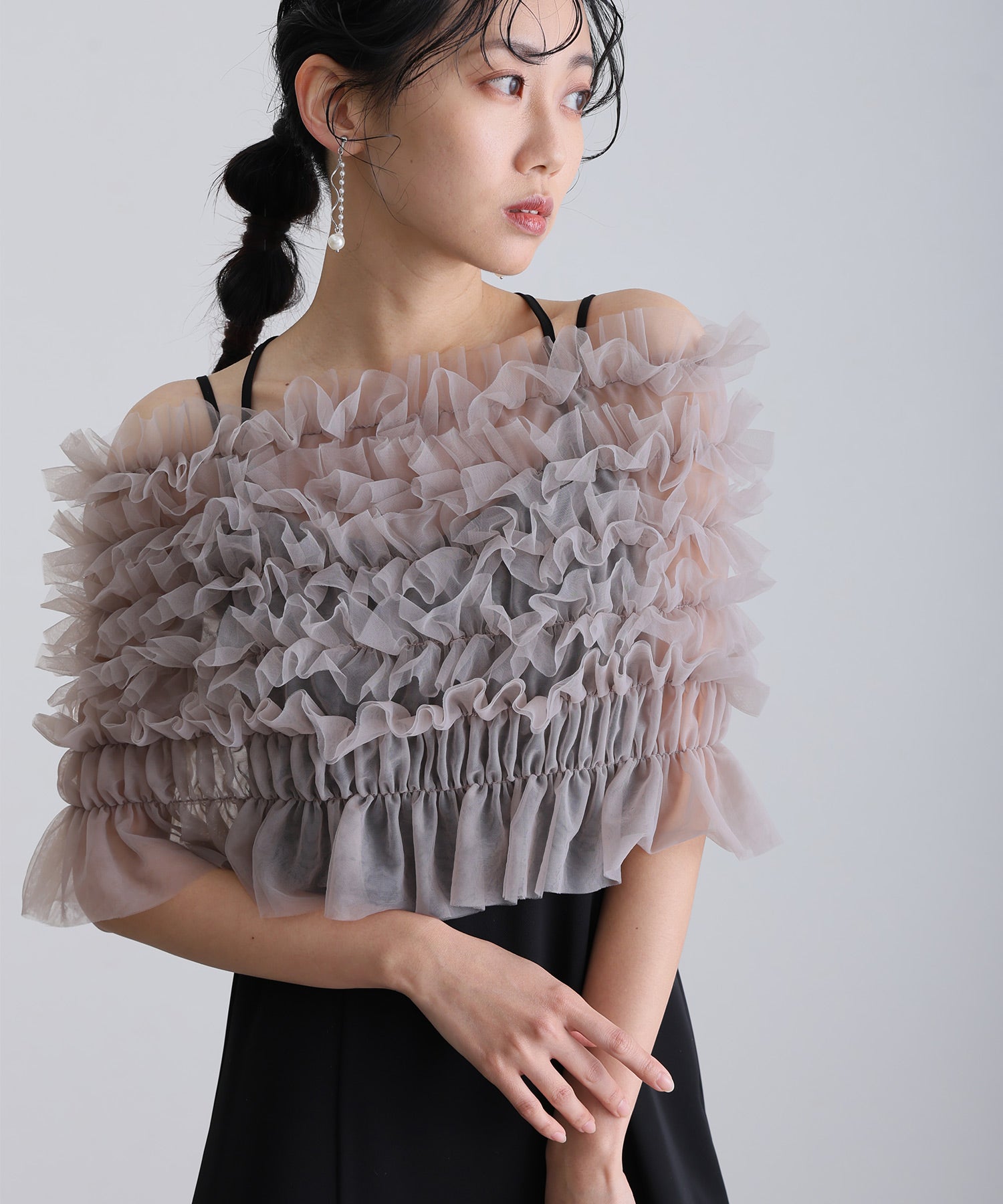 プールヴー PourVous ロング&ノースリーブフォーマルシャーリングチュール2点セットAラインセレモニー結婚式二次会パーティードレスオケージョンドレス同窓会成人式 フォーマル ワンピース 20代 30代 40代 （グレージュ×ブラック） グレージュ×ブラック