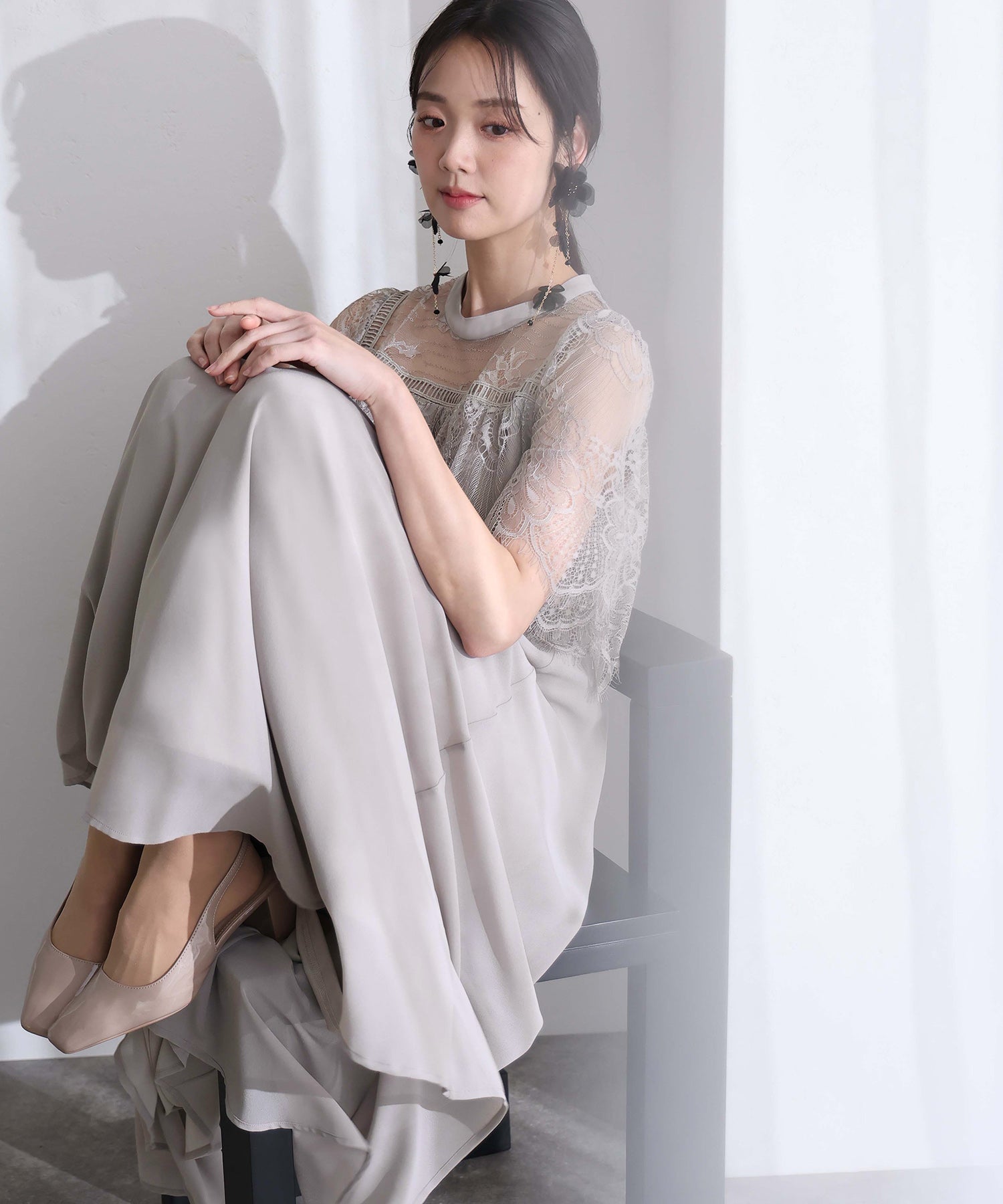プールヴー PourVous 袖あり&ロング同窓会成人式ハイネックスタンドカラースカラップレースフレア大きいサイズ結婚式二次会フォーマルオケージョンドレスパーティードレス フォーマル ワンピース 20代 30代 40代 （グレー） グレー