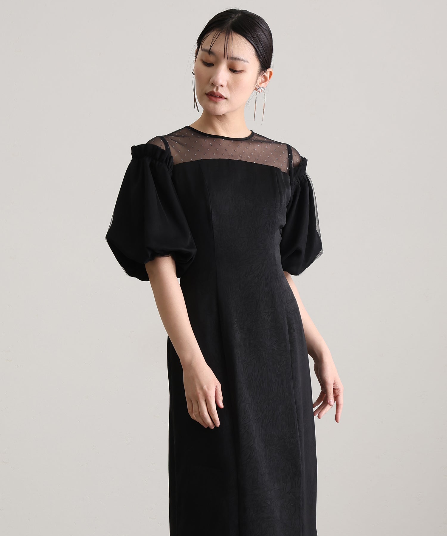 プールヴー PourVous ミモレ丈&袖ありフォーマルヴィンテージ風サテンIラインラメドットチュールセレモニー結婚式二次会パーティードレスオケージョンドレス同窓会成人式 フォーマル ワンピース 20代 30代 40代 （ブラック） ブラック