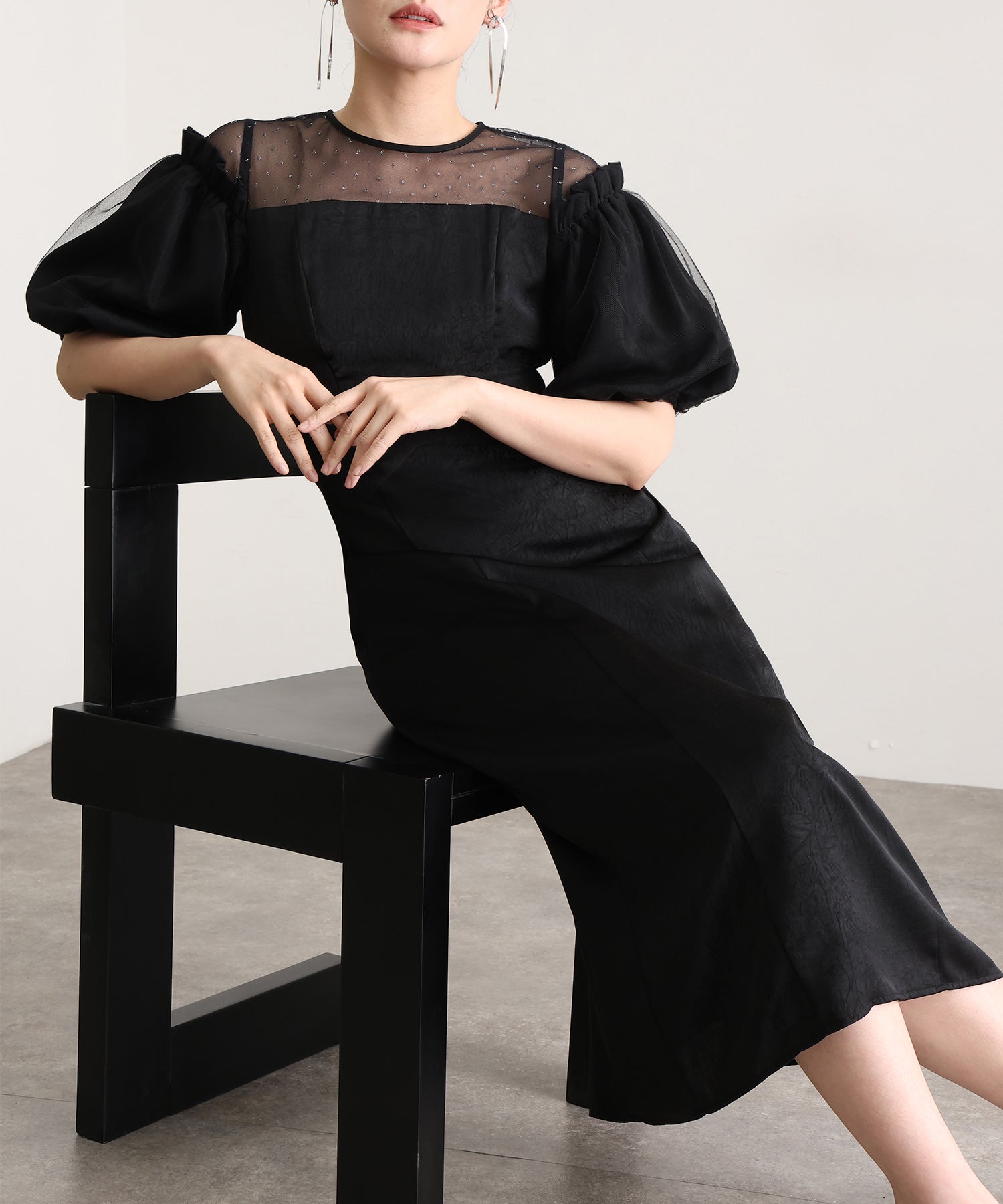 プールヴー PourVous ミモレ丈&袖ありフォーマルヴィンテージ風サテンIラインラメドットチュールセレモニー結婚式二次会パーティードレスオケージョンドレス同窓会成人式 フォーマル ワンピース 20代 30代 40代 （ブラック） ブラック
