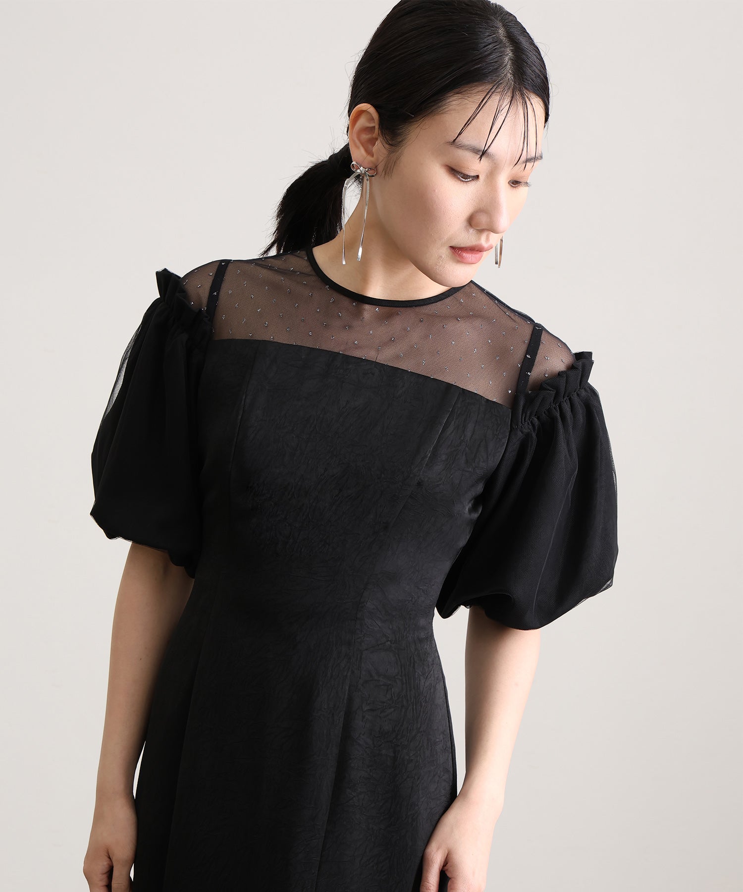 プールヴー PourVous ミモレ丈&袖ありフォーマルヴィンテージ風サテンIラインラメドットチュールセレモニー結婚式二次会パーティードレスオケージョンドレス同窓会成人式 フォーマル ワンピース 20代 30代 40代 （ブラック） ブラック