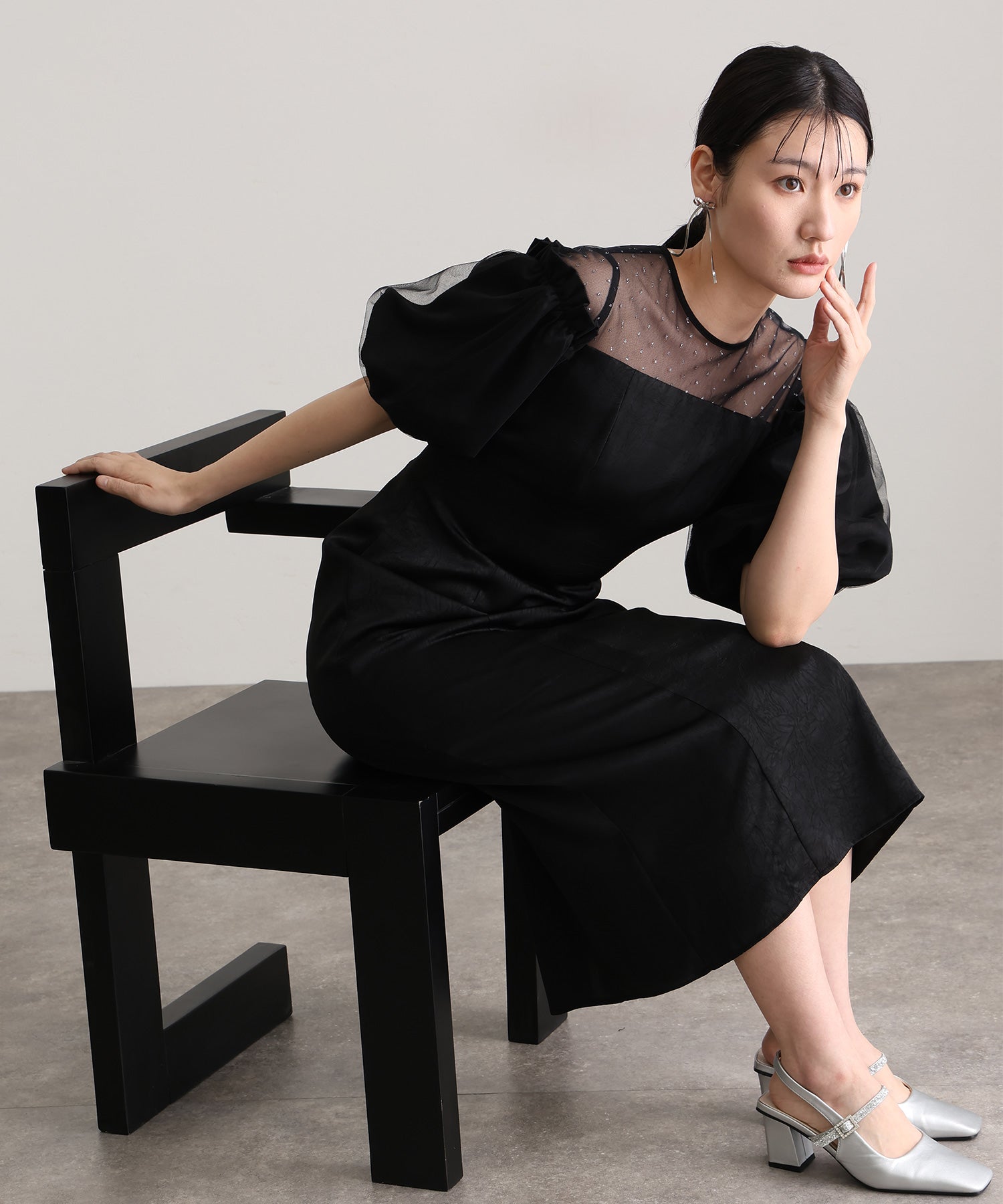 プールヴー PourVous ミモレ丈&袖ありフォーマルヴィンテージ風サテンIラインラメドットチュールセレモニー結婚式二次会パーティードレスオケージョンドレス同窓会成人式 フォーマル ワンピース 20代 30代 40代 （ブラック） ブラック