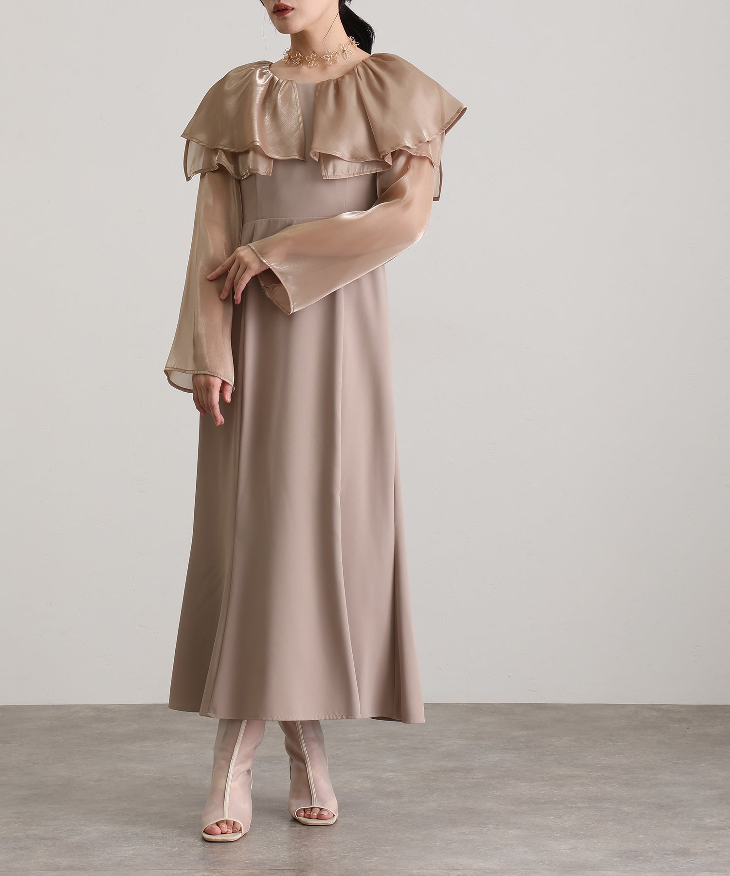 プールヴー PourVous ミモレ丈&袖ありフォーマルスリットスリーブビックカラーフレア光沢感セレモニー結婚式二次会パーティードレスオケージョンドレス同窓会成人式 フォーマル ワンピース 20代 30代 40代 （アッシュブラウン） アッシュブラウン