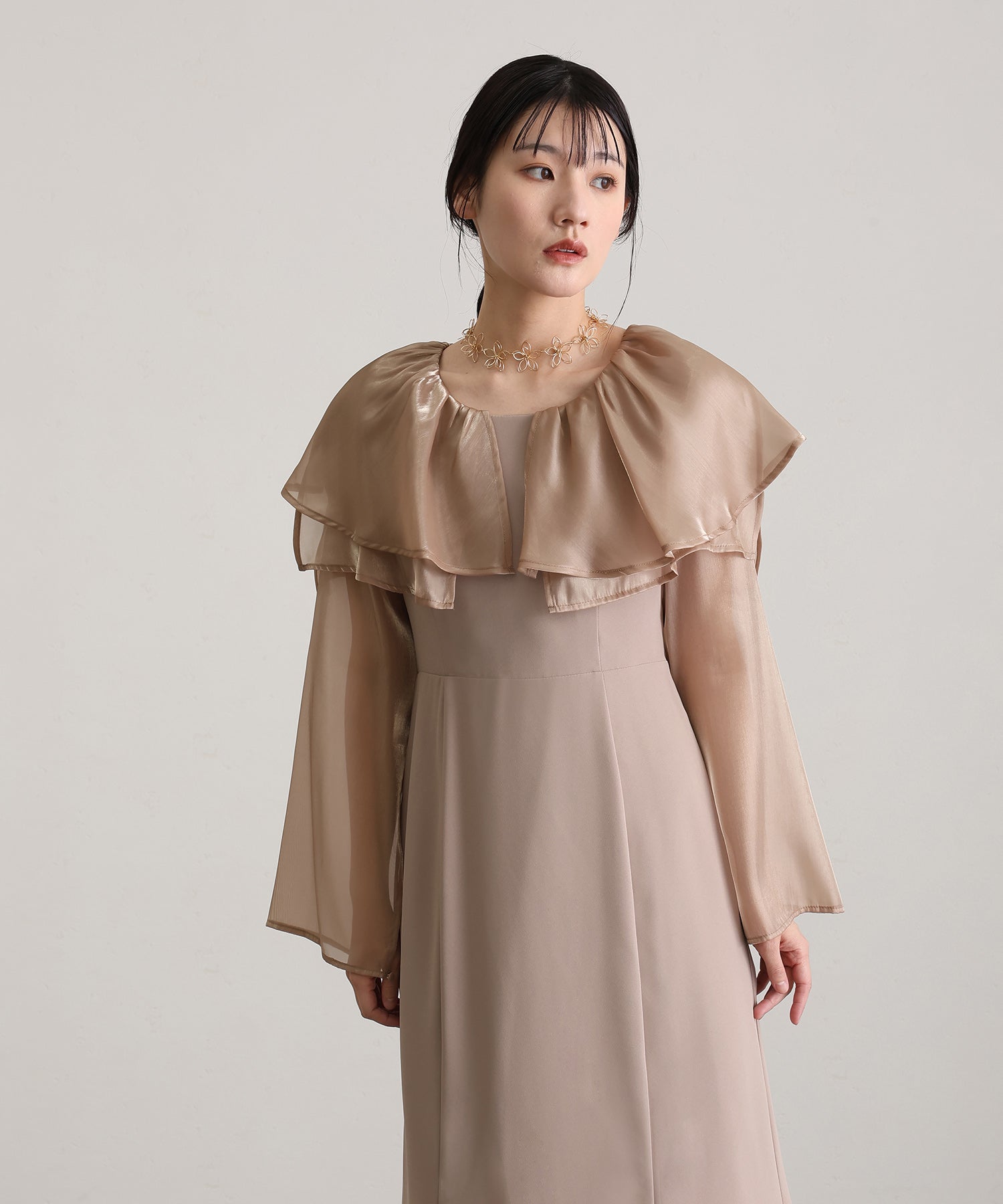 プールヴー PourVous ミモレ丈&袖ありフォーマルスリットスリーブビックカラーフレア光沢感セレモニー結婚式二次会パーティードレスオケージョンドレス同窓会成人式 フォーマル ワンピース 20代 30代 40代 （アッシュブラウン） アッシュブラウン