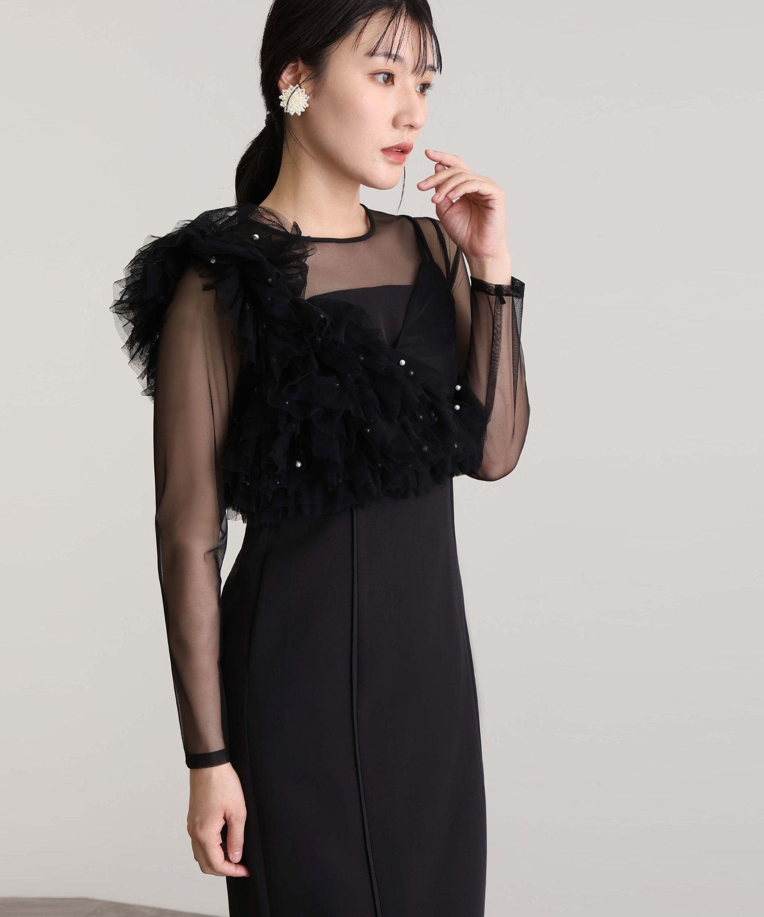 プールヴー PourVous ミモレ丈&袖ありフォーマルフリルパールビスチェ2点セットIラインタイトセレモニー結婚式二次会パーティードレスオケージョンドレス同窓会成人式 フォーマル ワンピース 20代 30代 40代 （ブラック） ブラック