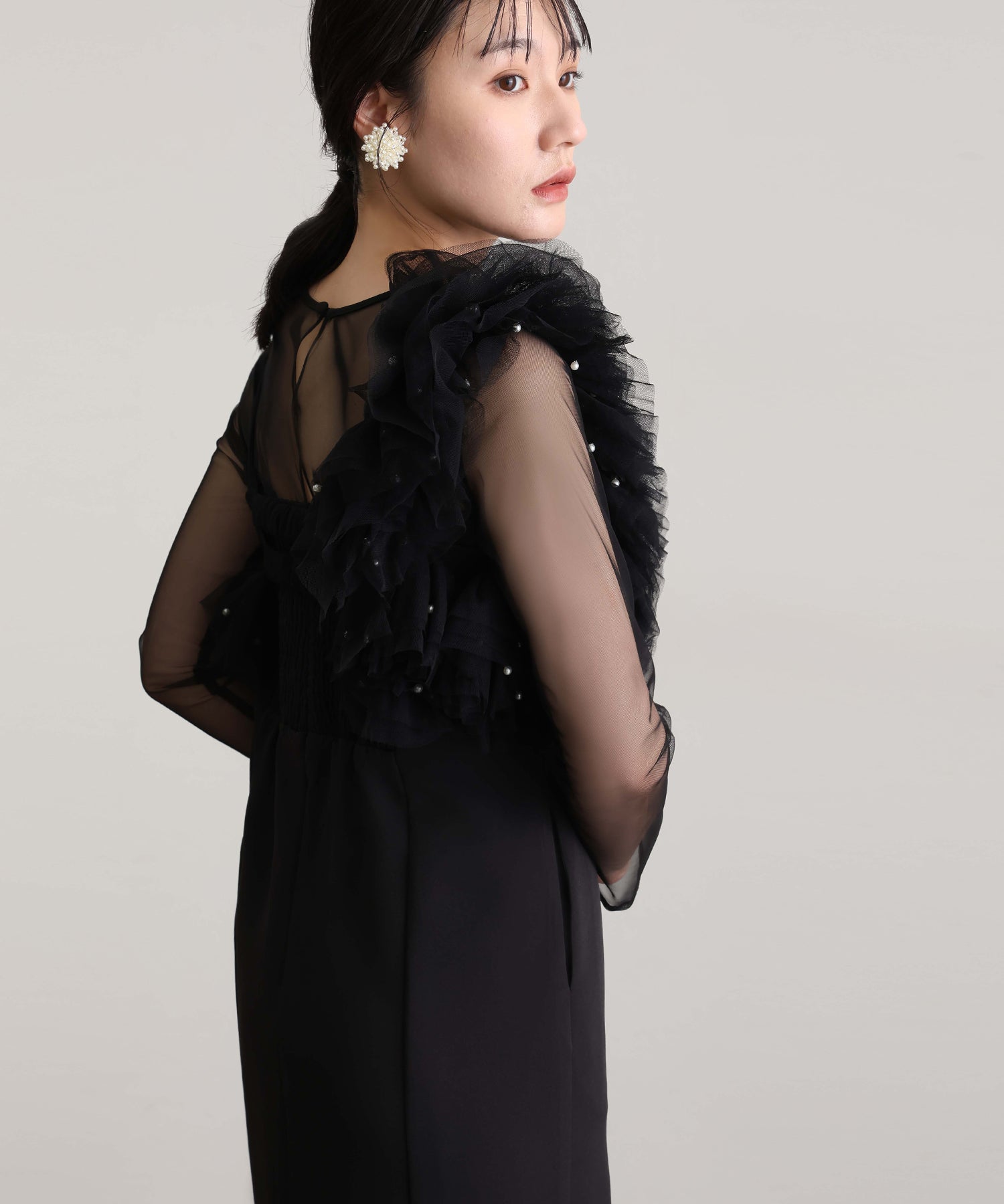プールヴー PourVous ミモレ丈&袖ありフォーマルフリルパールビスチェ2点セットIラインタイトセレモニー結婚式二次会パーティードレスオケージョンドレス同窓会成人式 フォーマル ワンピース 20代 30代 40代 （ブラック） ブラック