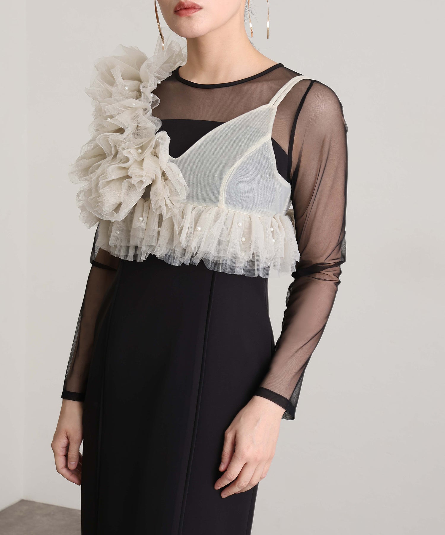 プールヴー PourVous ミモレ丈&袖ありフォーマルフリルパールビスチェ2点セットIラインタイトセレモニー結婚式二次会パーティードレスオケージョンドレス同窓会成人式 フォーマル ワンピース 20代 30代 40代 （ベージュブラック） ベージュブラック