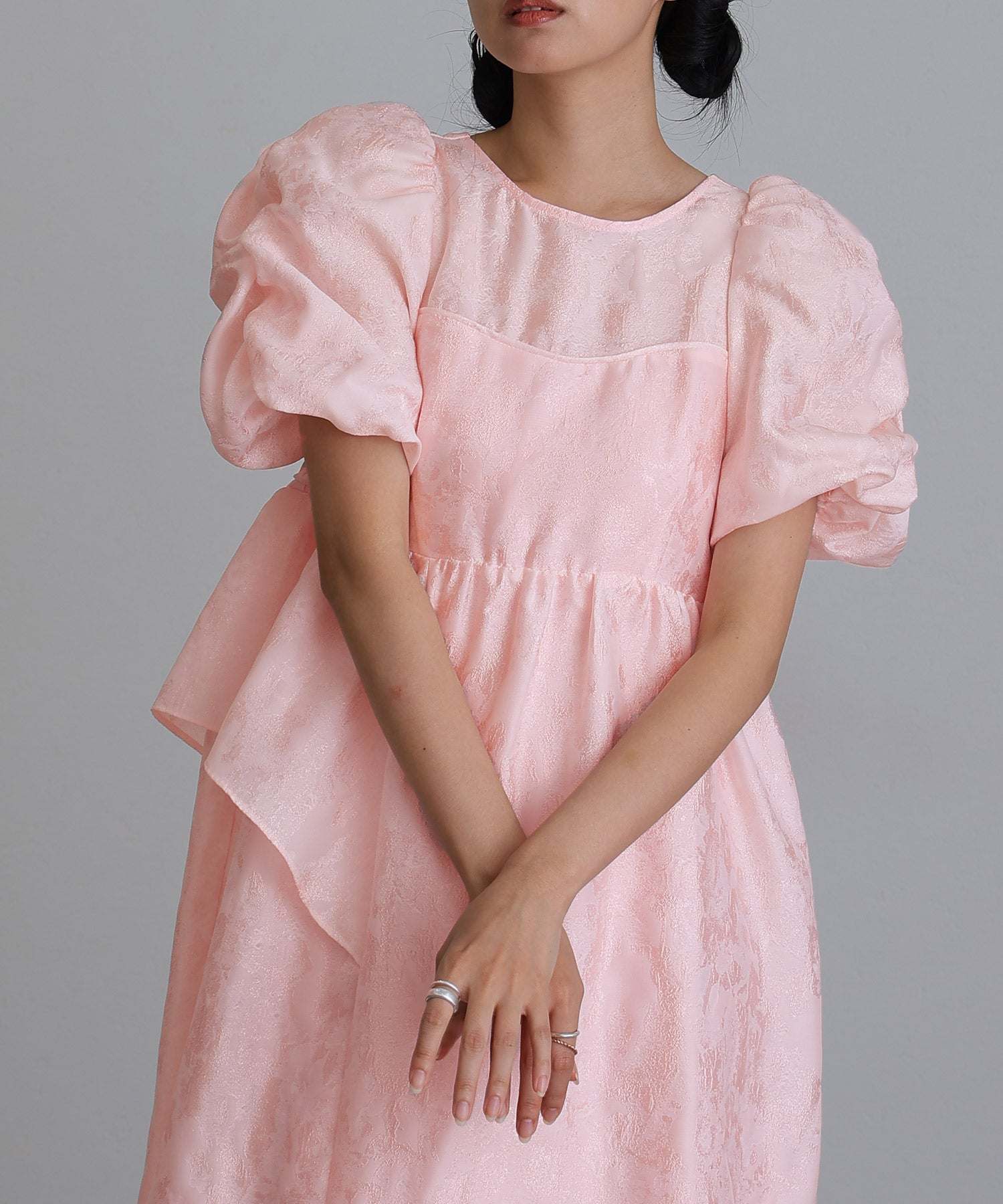 プールヴー PourVous ロング&袖ありフォーマルバブルスリーブジャガードドレスお呼ばれ結婚式二次会パーティードレスオケージョンドレス同窓会成人式 フォーマル ワンピース パーティードレス 20代 30代 40代 （ピンク） ピンク