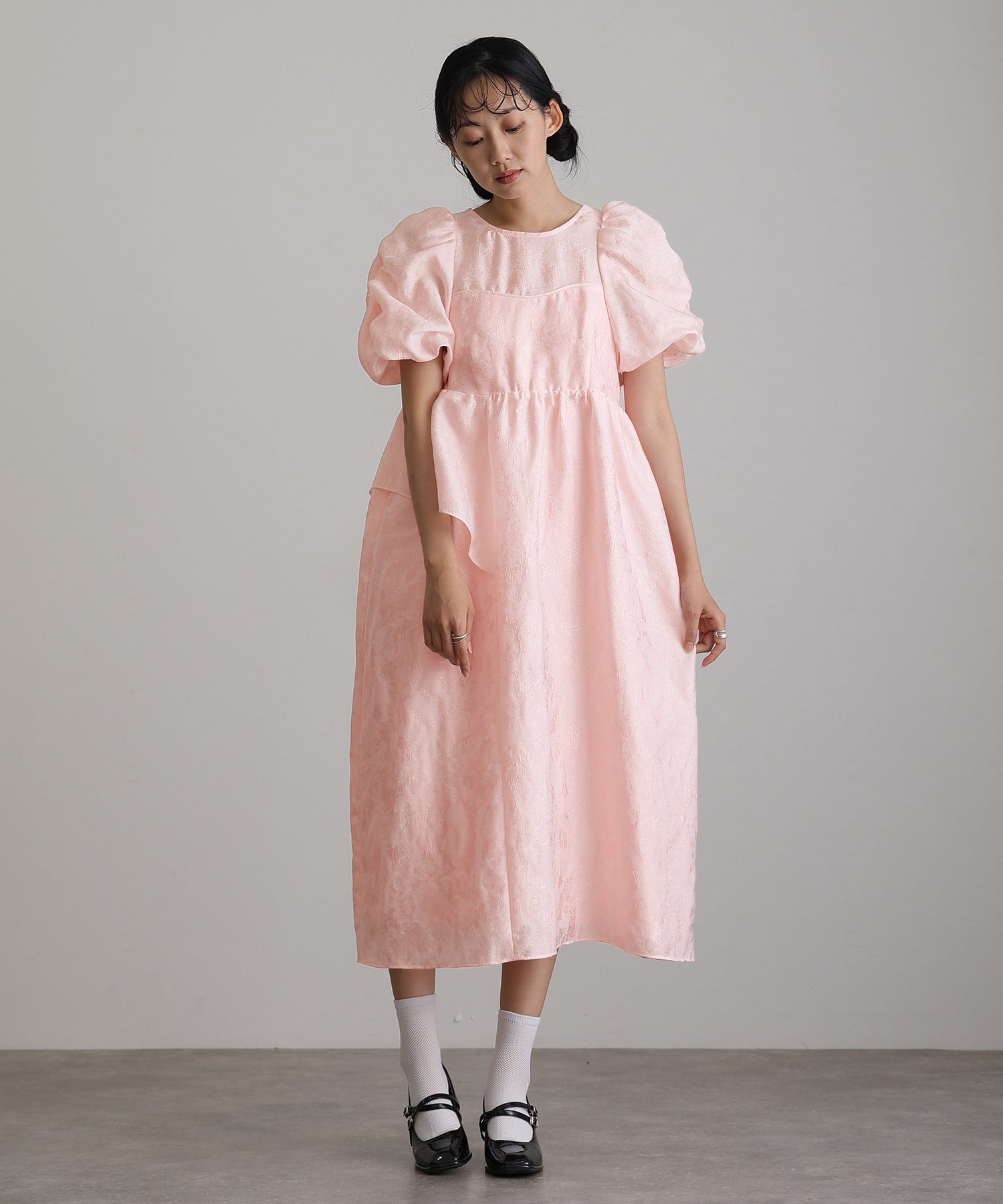 プールヴー PourVous ロング&袖ありフォーマルバブルスリーブジャガードドレスお呼ばれ結婚式二次会パーティードレスオケージョンドレス同窓会成人式 フォーマル ワンピース パーティードレス 20代 30代 40代 （ピンク） ピンク