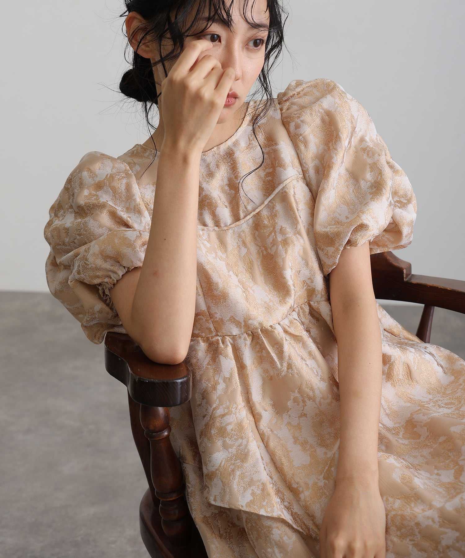 プールヴー PourVous ロング&袖ありフォーマルバブルスリーブジャガードドレスお呼ばれ結婚式二次会パーティードレスオケージョンドレス同窓会成人式 フォーマル ワンピース パーティードレス 20代 30代 40代 （ベージュ） ベージュ