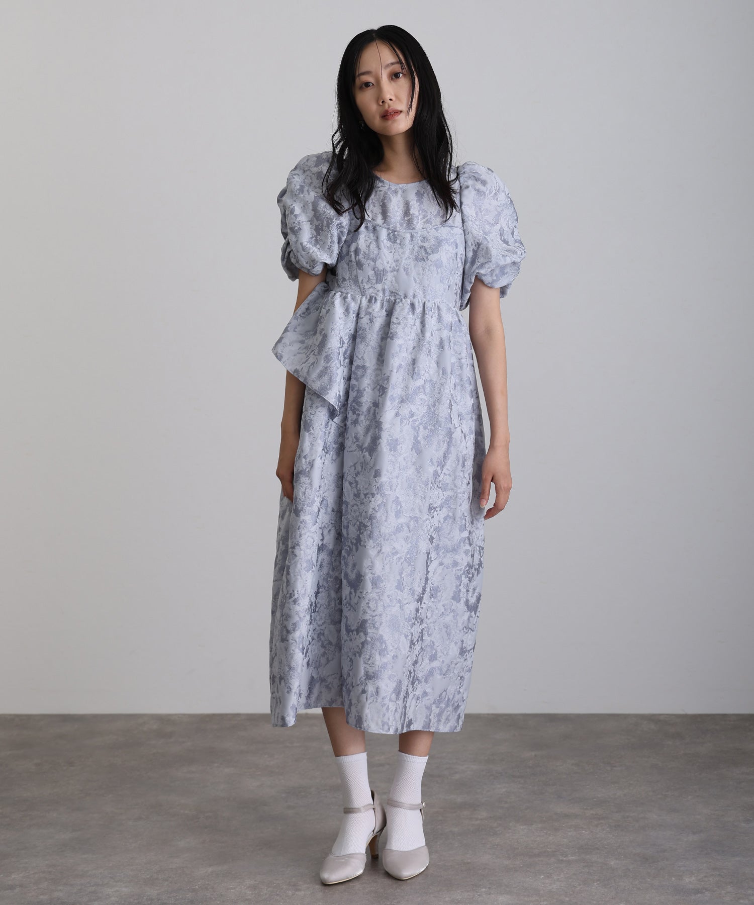 プールヴー PourVous ロング&袖ありフォーマルバブルスリーブジャガードドレスお呼ばれ結婚式二次会パーティードレスオケージョンドレス同窓会成人式 フォーマル ワンピース パーティードレス 20代 30代 40代 （ライトグレー） ライトグレー