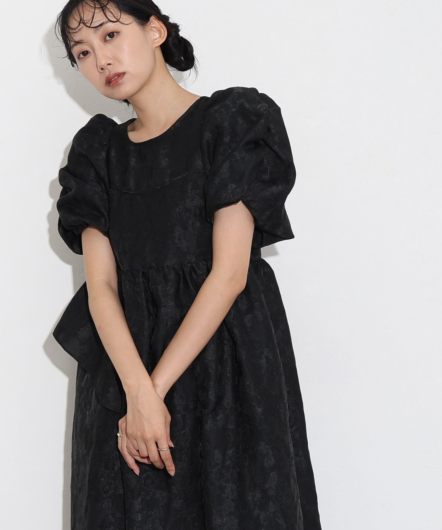 プールヴー PourVous ロング&袖ありフォーマルバブルスリーブジャガードドレスお呼ばれ結婚式二次会パーティードレスオケージョンドレス同窓会成人式 フォーマル ワンピース パーティードレス 20代 30代 40代 （ブラック） ブラック
