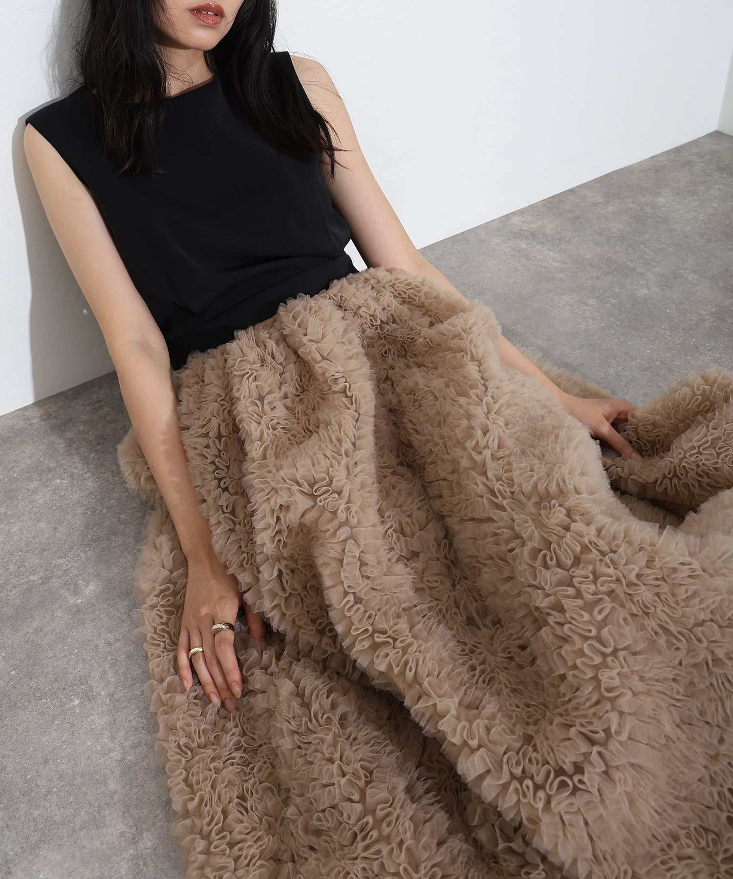 プールヴー PourVous ミモレ丈&ノースリーブフォーマルチュールモコモコセットアップバックジップセレモニー結婚式二次会パーティードレスオケージョンドレス同窓会成人式 フォーマル ワンピース パーティードレス 20代 （ベージュブラック） ベージュブラック