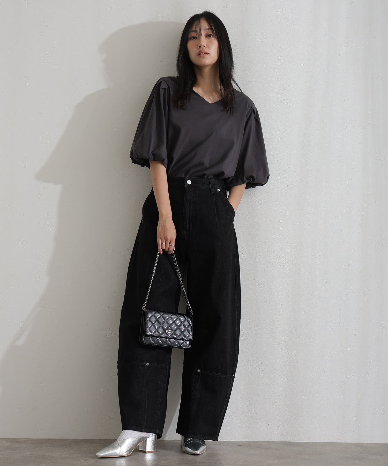 プールヴー PourVous コットンパフスリーブTシャツ フォーマル ワンピース パーティードレス 20代 30代 40代 （チャコールグレー） チャコールグレー