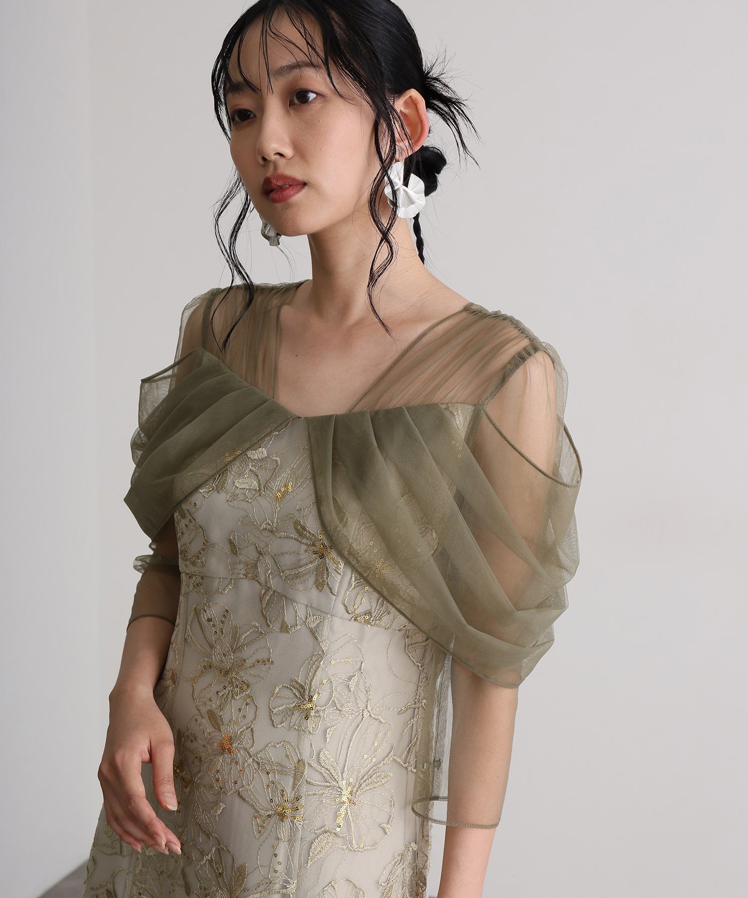 プールヴー PourVous 七分袖&ミモレ丈同窓会成人式オフショルダースパンコールAラインチュールお呼ばれ結婚式二次会フォーマルオケージョンドレスパーティードレス フォーマル ワンピース パーティードレス 20代 30代 40代 （ライトグリーン） ライトグリーン