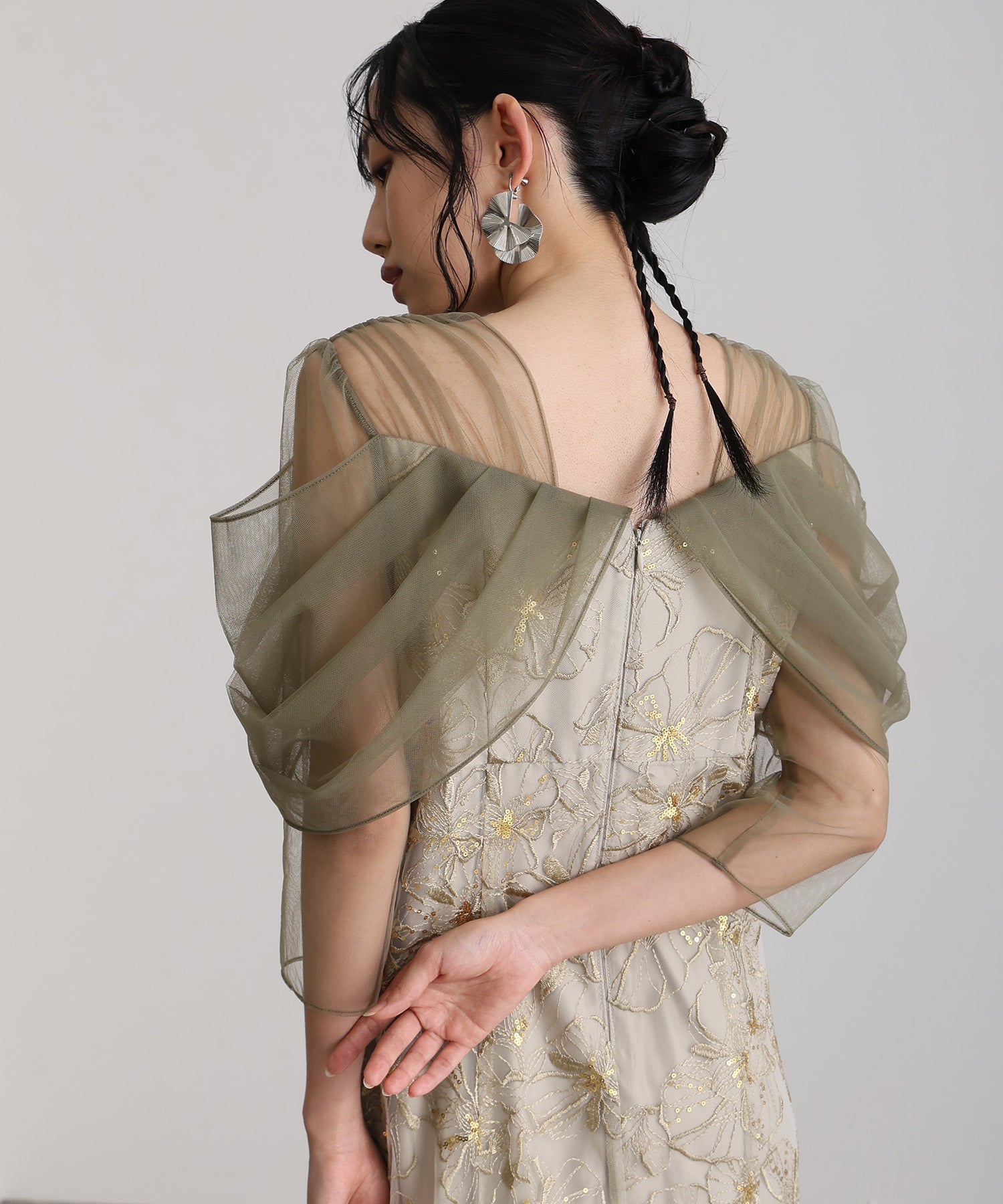 プールヴー PourVous 七分袖&ミモレ丈同窓会成人式オフショルダースパンコールAラインチュールお呼ばれ結婚式二次会フォーマルオケージョンドレスパーティードレス フォーマル ワンピース パーティードレス 20代 30代 40代 （ライトグリーン） ライトグリーン