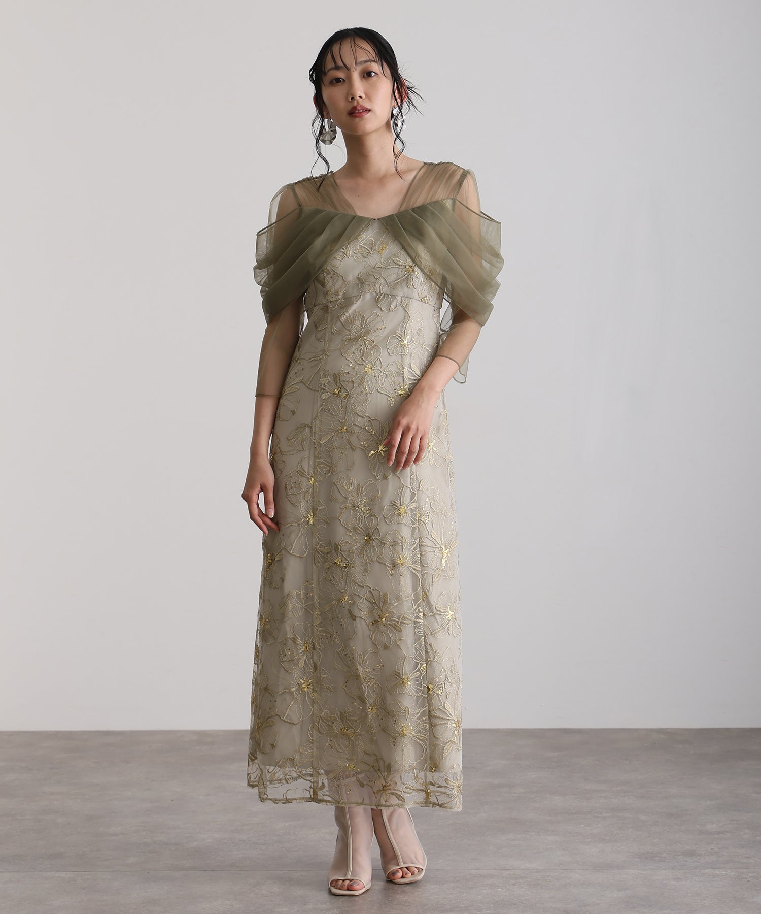 プールヴー PourVous 七分袖&ミモレ丈同窓会成人式オフショルダースパンコールAラインチュールお呼ばれ結婚式二次会フォーマルオケージョンドレスパーティードレス フォーマル ワンピース パーティードレス 20代 30代 40代 （ライトグリーン） ライトグリーン