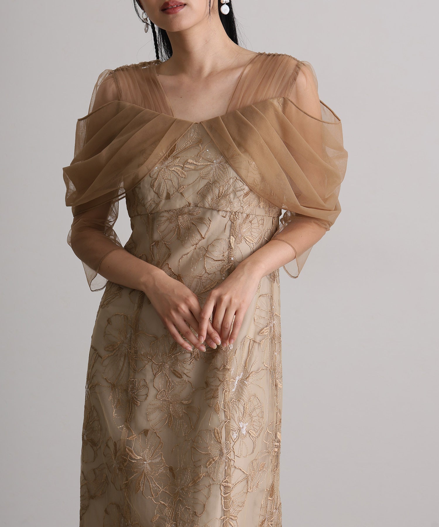 プールヴー PourVous 七分袖&ミモレ丈同窓会成人式オフショルダースパンコールAラインチュールお呼ばれ結婚式二次会フォーマルオケージョンドレスパーティードレス フォーマル ワンピース パーティードレス 20代 30代 40代 （イエロー） イエロー