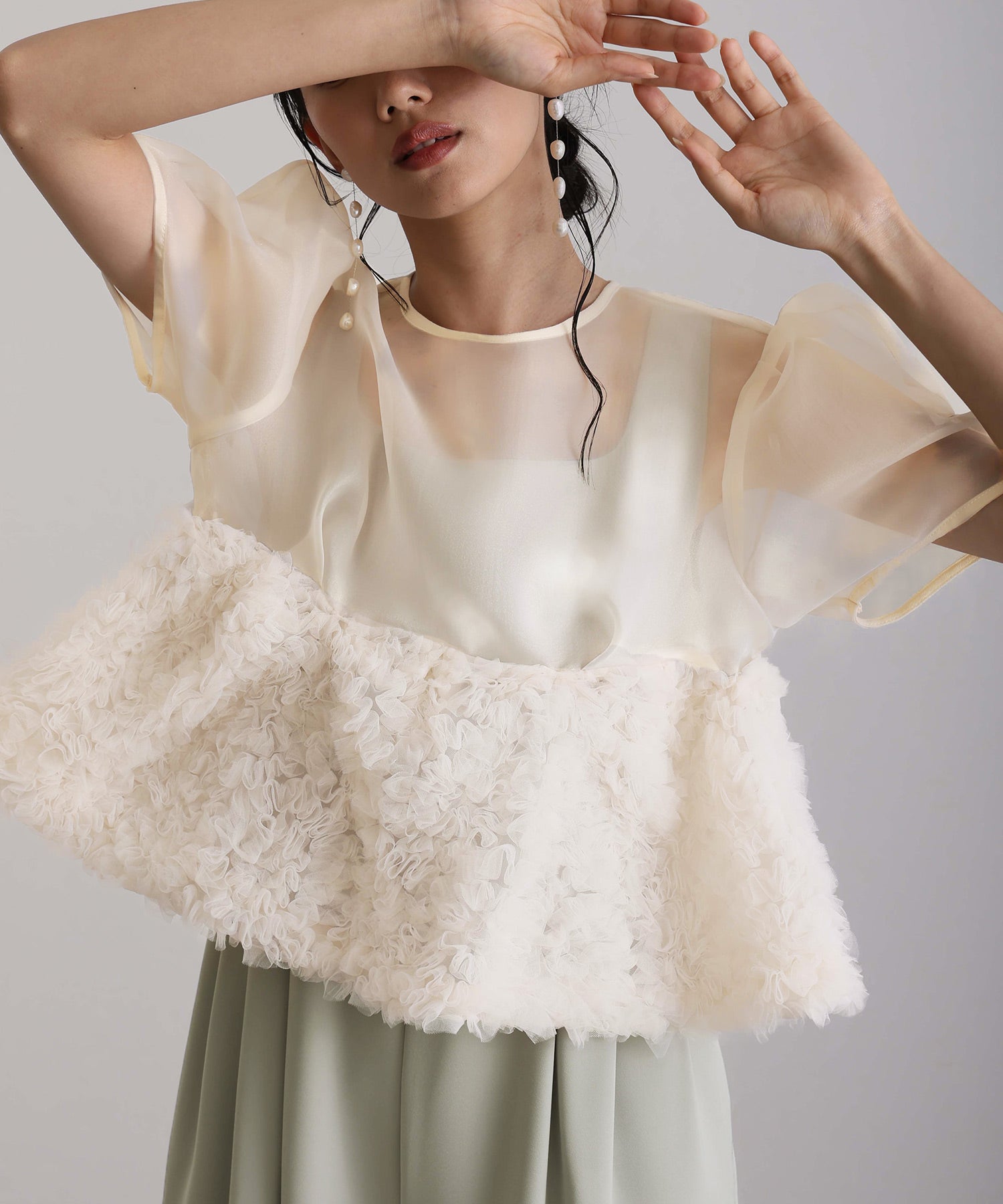 プールヴー PourVous セットアップパーティードレス結婚式二次会&ワイドパンツペプラム2点セットオーガンジーセレモニーフォーマルロング丈オケージョンドレス同窓会成人式 フォーマル ワンピース パーティードレス （ベージュミント） ベージュミント