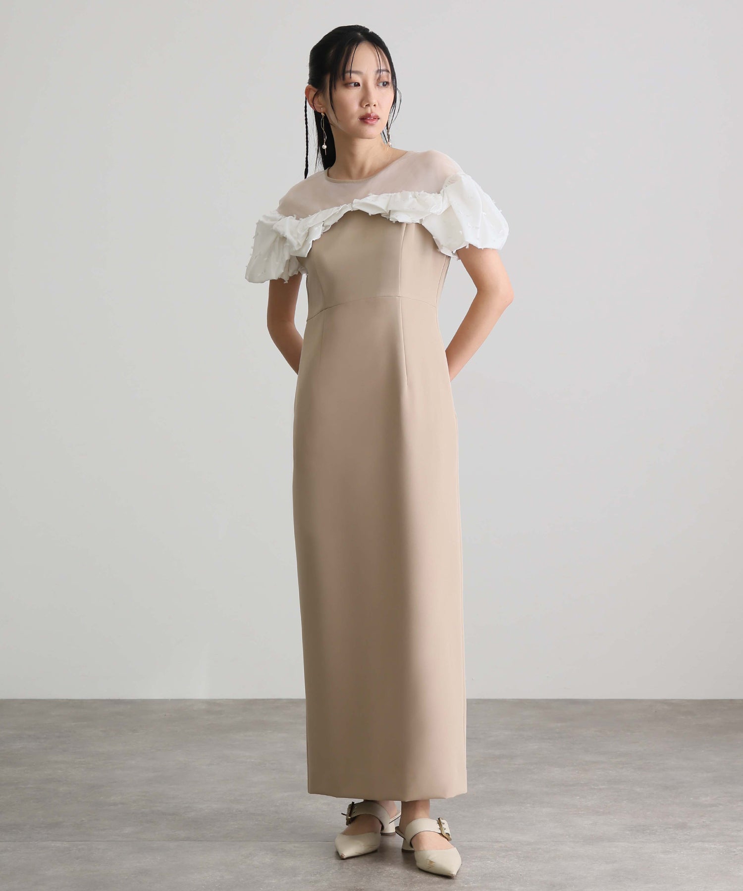プールヴー PourVous ミモレ丈&袖ありフォーマルマシュマロジャガードタフタラッフルIラインセレモニー結婚式二次会パーティードレスオケージョンドレス同窓会成人式 フォーマル ワンピース パーティードレス （ベージュ） ベージュ