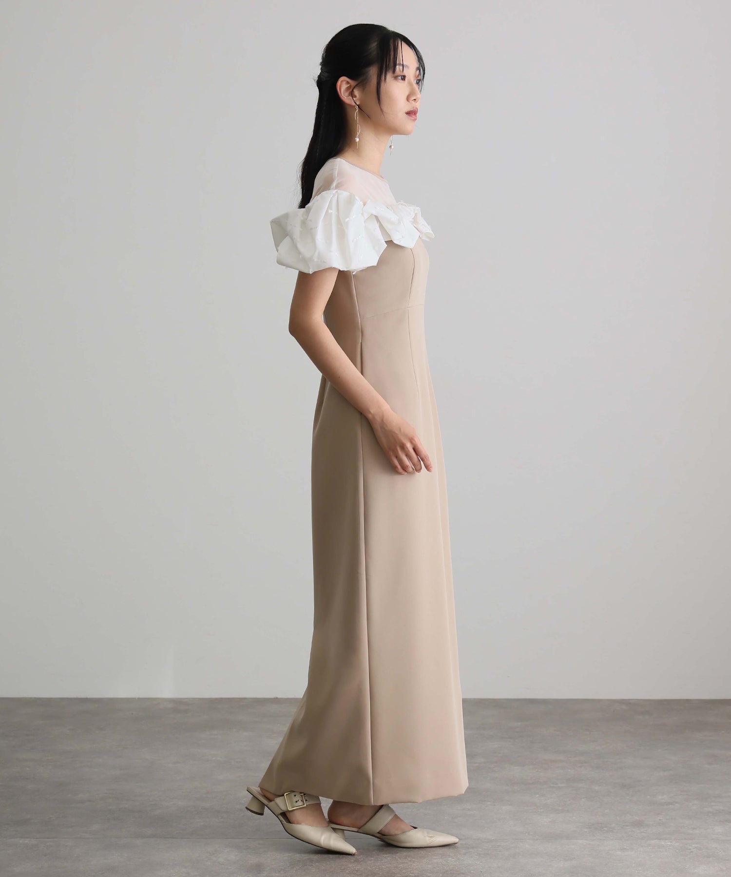 プールヴー PourVous ミモレ丈&袖ありフォーマルマシュマロジャガードタフタラッフルIラインセレモニー結婚式二次会パーティードレスオケージョンドレス同窓会成人式 フォーマル ワンピース パーティードレス （ベージュ） ベージュ