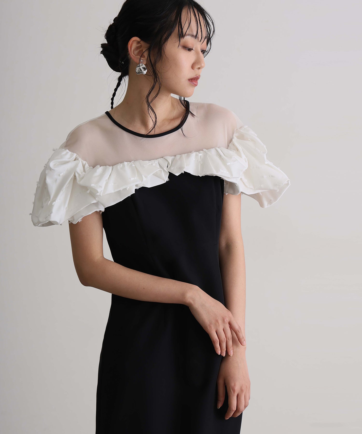 プールヴー PourVous ミモレ丈&袖ありフォーマルマシュマロジャガードタフタラッフルIラインセレモニー結婚式二次会パーティードレスオケージョンドレス同窓会成人式 フォーマル ワンピース パーティードレス （ブラック） ブラック