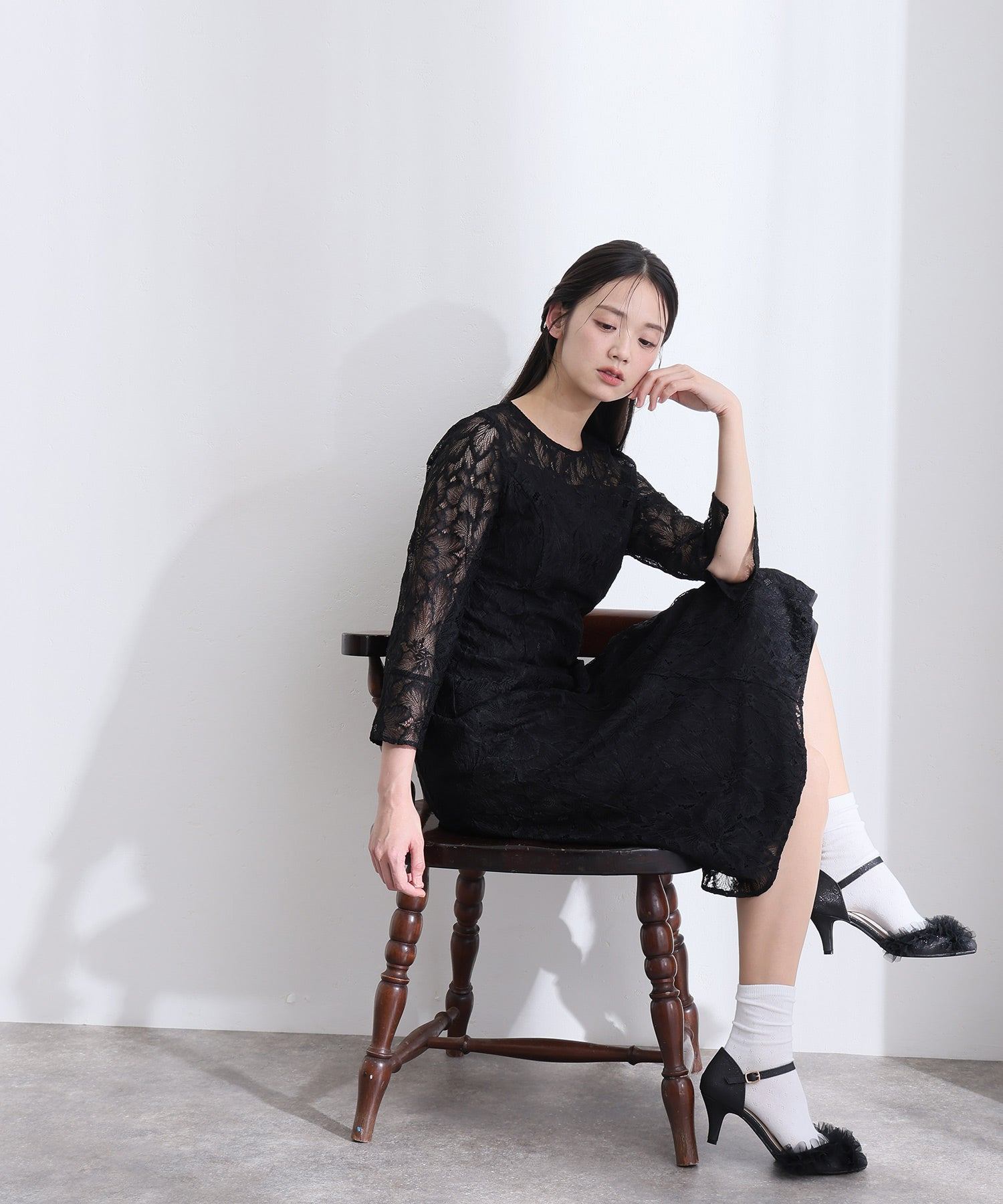 プールヴー PourVous ロング&七分袖フォーマルベルスリーブフレアクルーネック総レースシアー大きいサイズ結婚式二次会パーティードレスオケージョンドレス同窓会成人式 フォーマル ワンピース パーティードレス （ブラック） ブラック