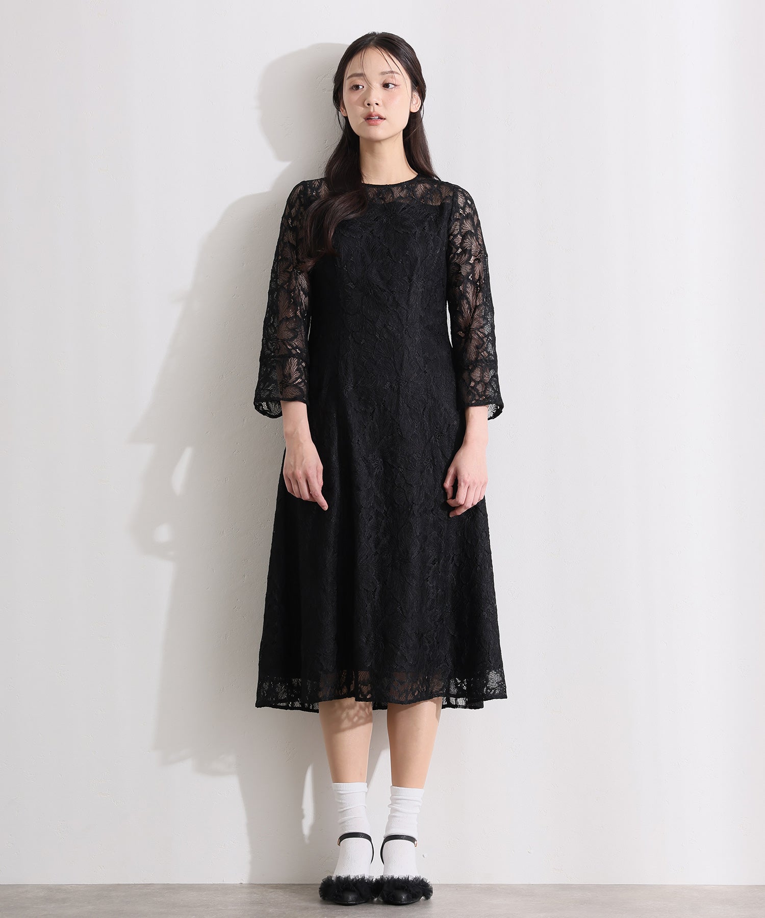 プールヴー PourVous ロング&七分袖フォーマルベルスリーブフレアクルーネック総レースシアー大きいサイズ結婚式二次会パーティードレスオケージョンドレス同窓会成人式 フォーマル ワンピース パーティードレス （ブラック） ブラック