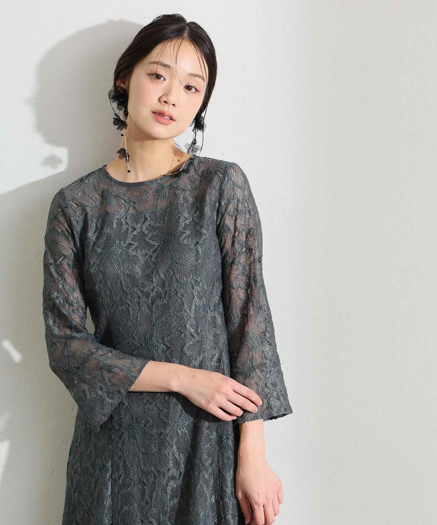 プールヴー PourVous ロング&七分袖フォーマルベルスリーブフレアクルーネック総レースシアー大きいサイズ結婚式二次会パーティードレスオケージョンドレス同窓会成人式 フォーマル ワンピース パーティードレス （チャコール） チャコール