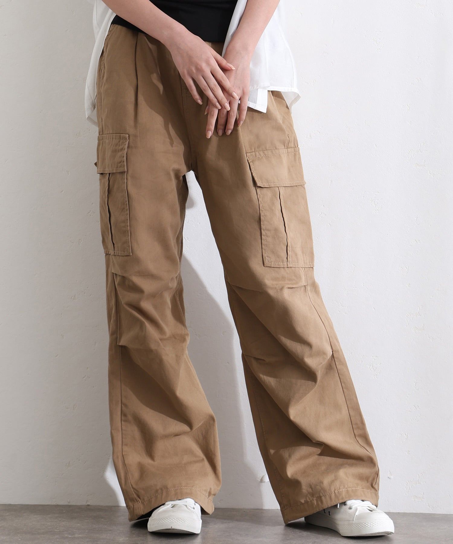 プールヴー PourVous ツイルワイドカーゴパンツ フォーマル ワンピース パーティードレス 20代 30代 40代 （ベージュ） ベージュ