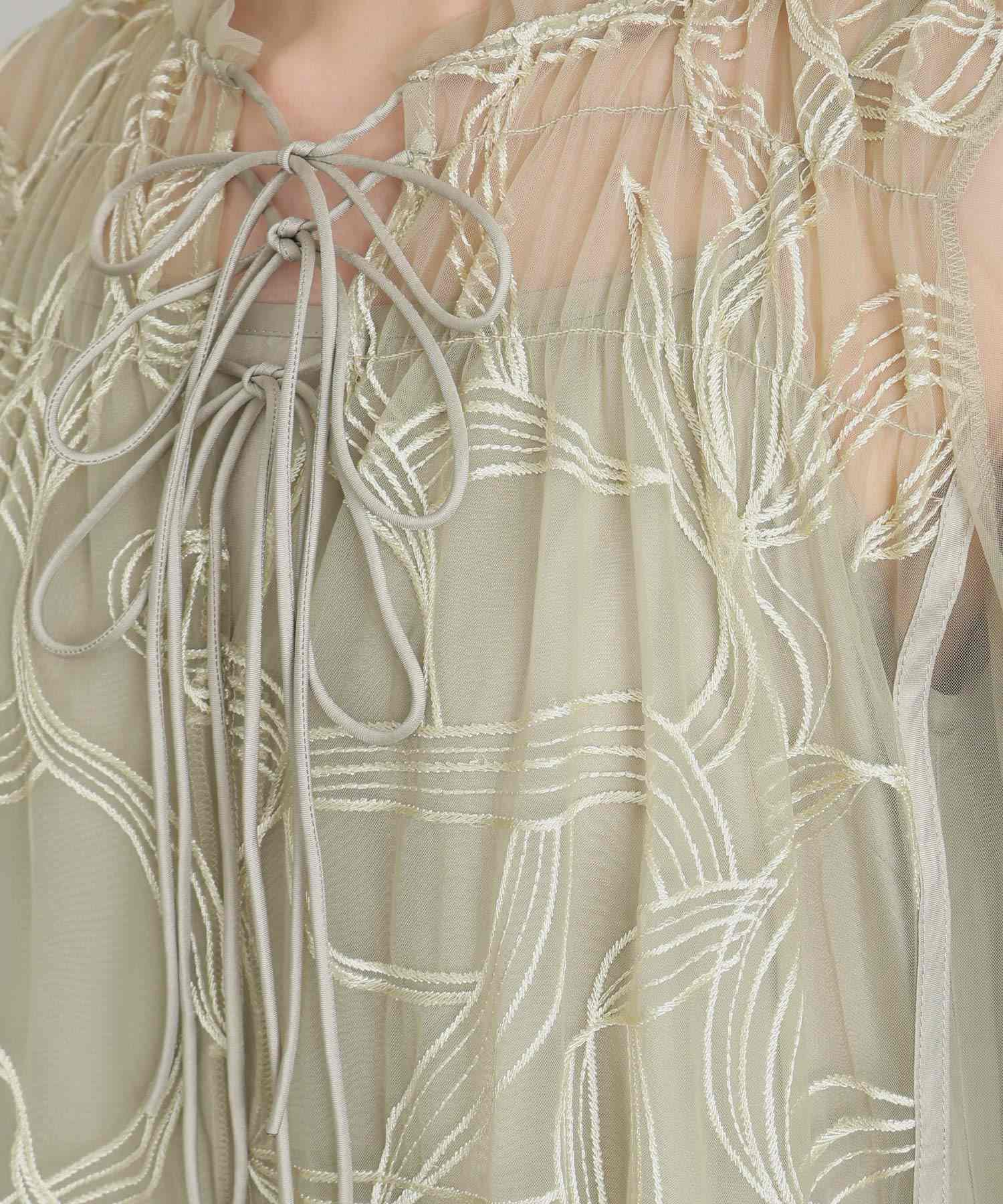 プールヴー PourVous 刺繍リボンエンブロイダリーレイヤードフレアチュールパーティードレスお呼ばれ袖あり&ミモレ丈同窓会成人式フォーマルオケージョンドレス結婚式二次会 フォーマル ワンピース パーティードレス （グリーン） グリーン