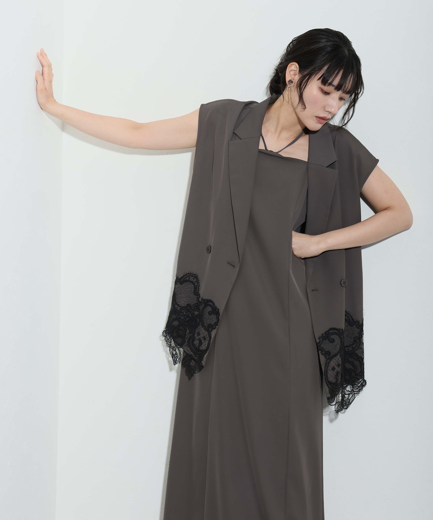 プールヴー PourVous ミモレ丈&ノースリーブフォーマル2ピースセットキャミワンピースベストセレモニー結婚式二次会パーティードレスオケージョンドレス同窓会成人式 フォーマル ワンピース パーティードレス （ブラウン） ブラウン