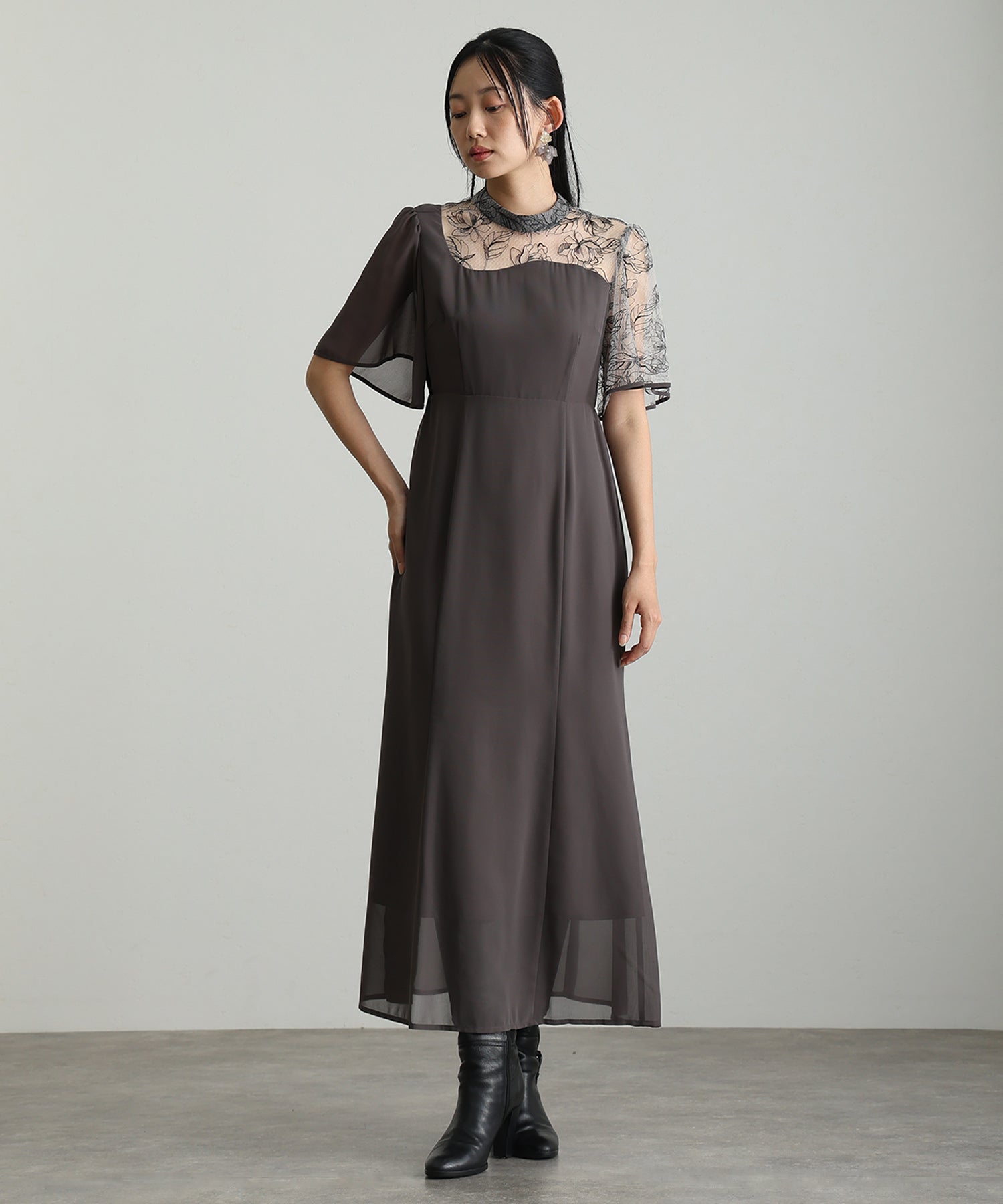 プールヴー PourVous 結婚式二次会パーティードレスウェーブカットマーメイドドレスIラインクルーネック袖あり&ミモレ丈お呼ばれ同窓会成人式オケージョンドレスフォーマル フォーマル ワンピース パーティードレス （チャコール） チャコール