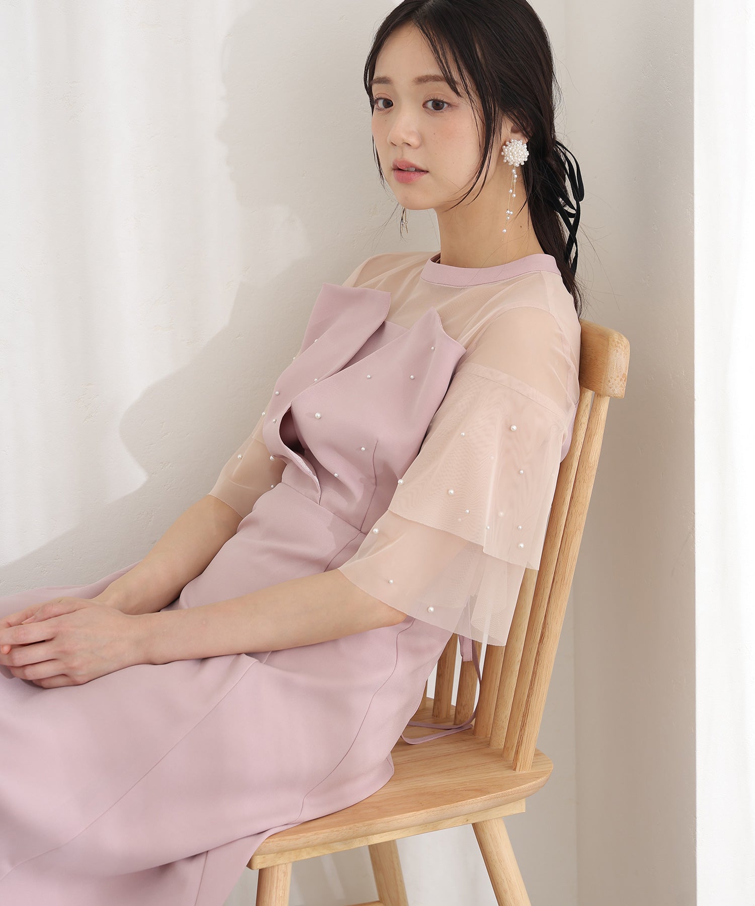 PourVous Pearl-Accented Bustier-Style Long Dress with Sleeves for Form