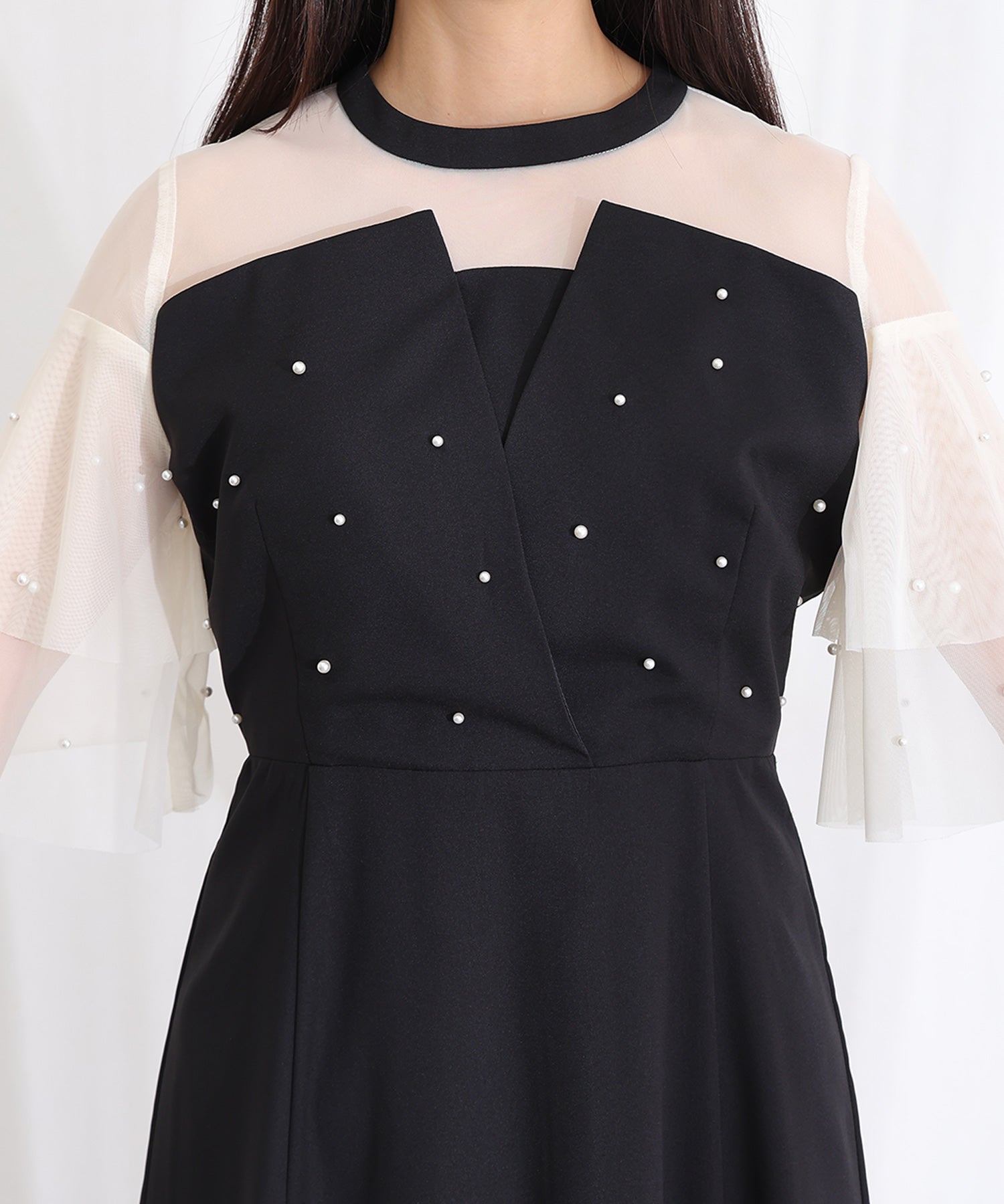 PourVous Pearl-Accented Bustier-Style Long Dress with Sleeves for Form