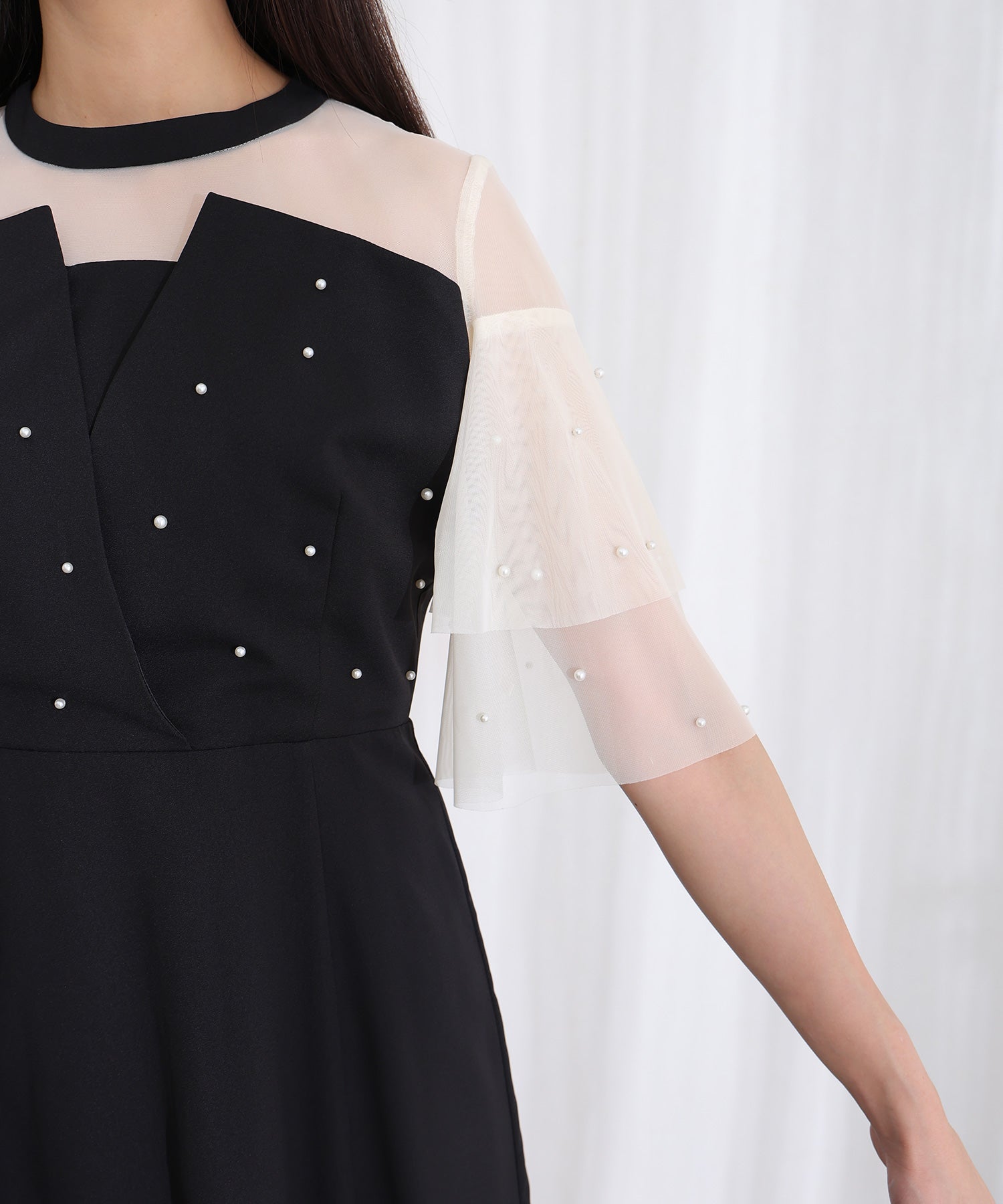 PourVous Pearl-Accented Bustier-Style Long Dress with Sleeves for Form