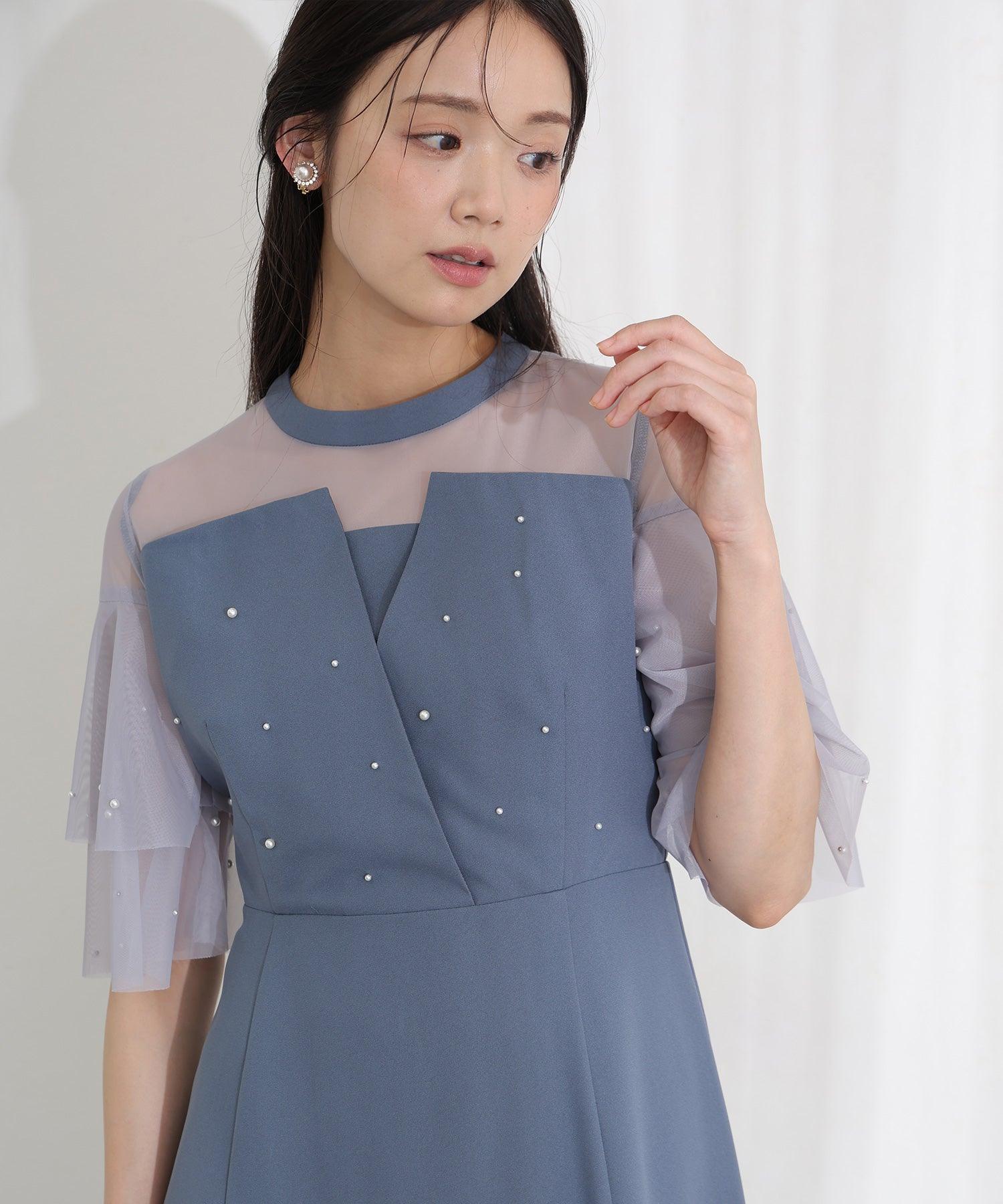 PourVous Pearl-Accented Bustier-Style Long Dress with Sleeves for Form