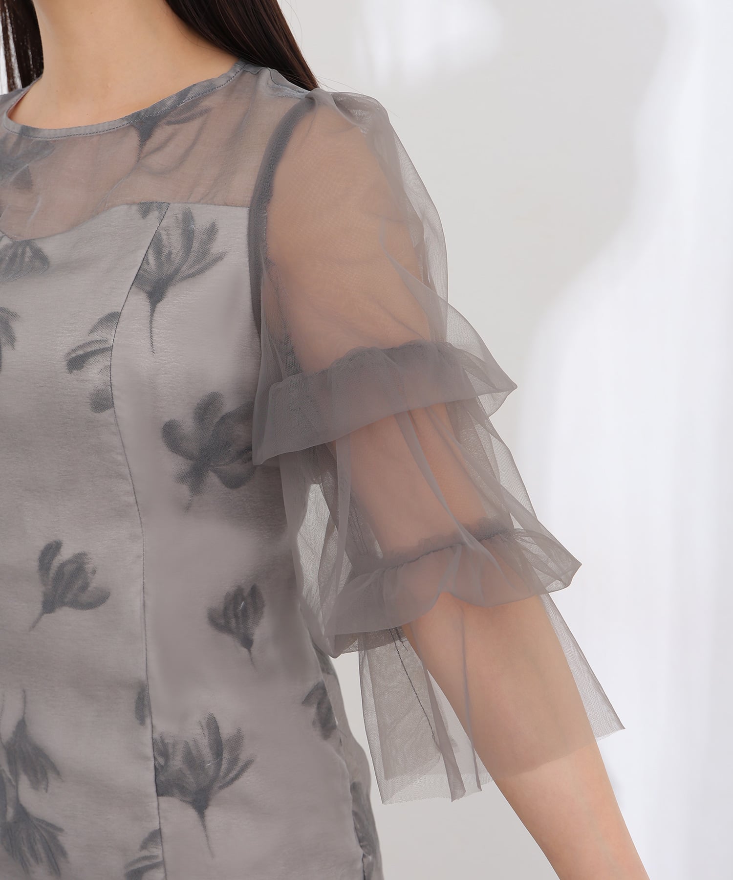 プールヴー PourVous フリルスリーブ シアー フラワー チュールパーティードレスセレモニーミモレ丈&七分袖結婚式二次会フォーマルオケージョンドレス同窓会成人式 フォーマル ワンピース パーティードレス （ブラック） ブラック