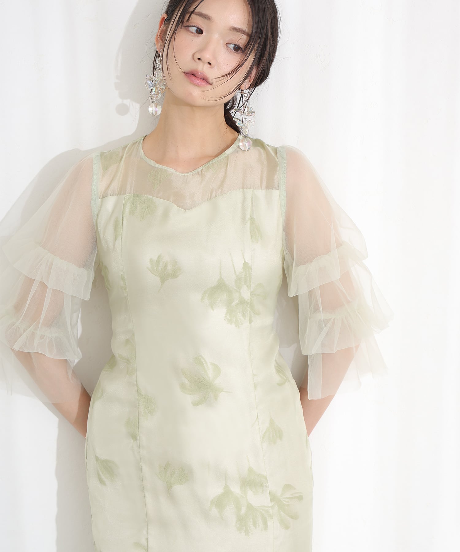 プールヴー PourVous フリルスリーブ シアー フラワー チュールパーティードレスセレモニーミモレ丈&七分袖結婚式二次会フォーマルオケージョンドレス同窓会成人式 フォーマル ワンピース パーティードレス （ライトグリーン） ライトグリーン