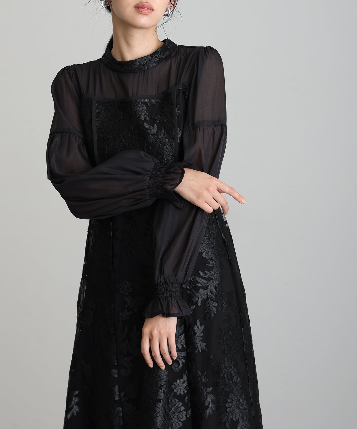 プールヴー PourVous ミモレ丈&袖ありフォーマルAラインキャンディスリーブシアースカラップセレモニー結婚式二次会パーティードレスオケージョンドレス同窓会成人式 フォーマル ワンピース パーティードレス （ブラック） ブラック