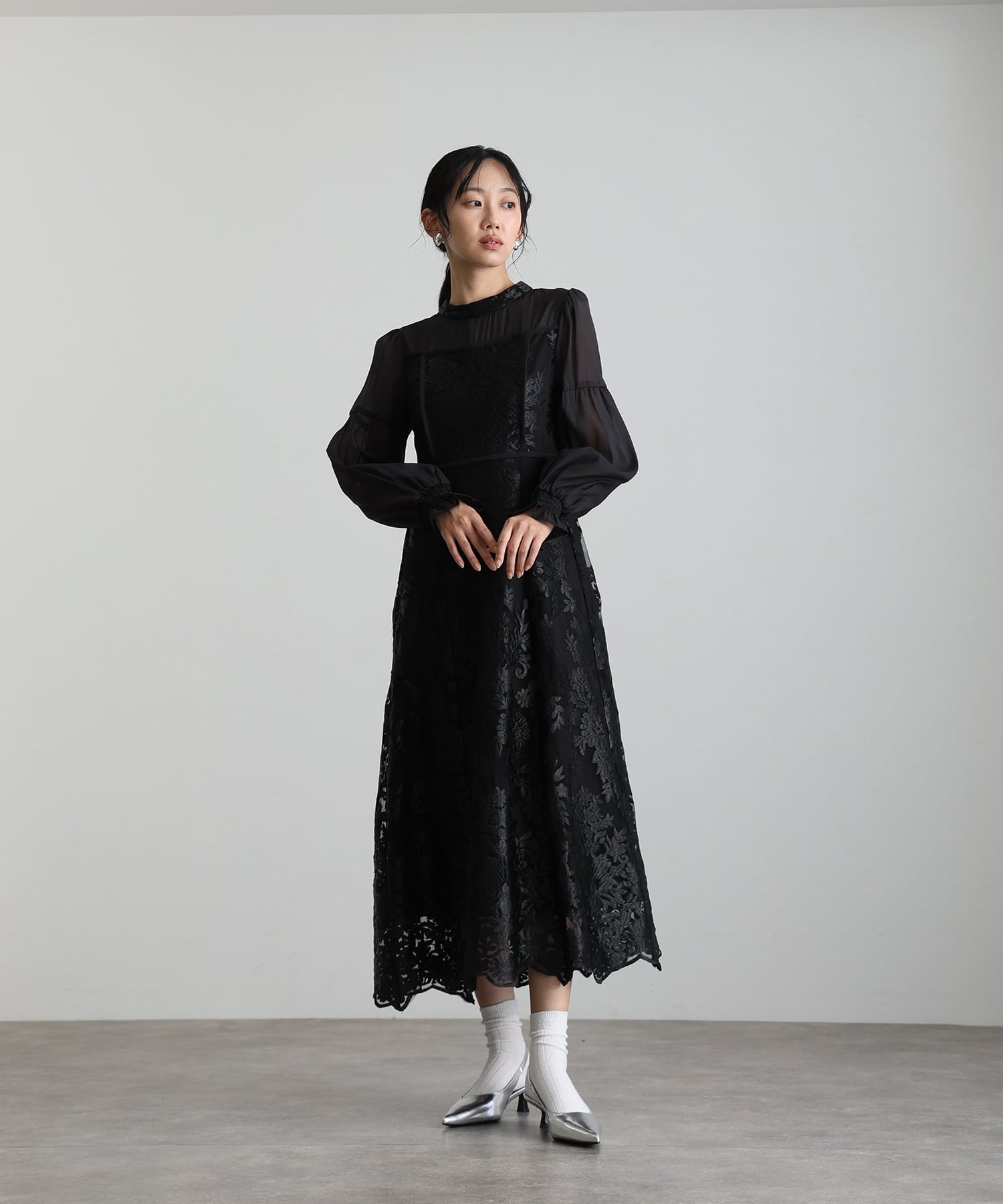 プールヴー PourVous ミモレ丈&袖ありフォーマルAラインキャンディスリーブシアースカラップセレモニー結婚式二次会パーティードレスオケージョンドレス同窓会成人式 フォーマル ワンピース パーティードレス （ブラック） ブラック