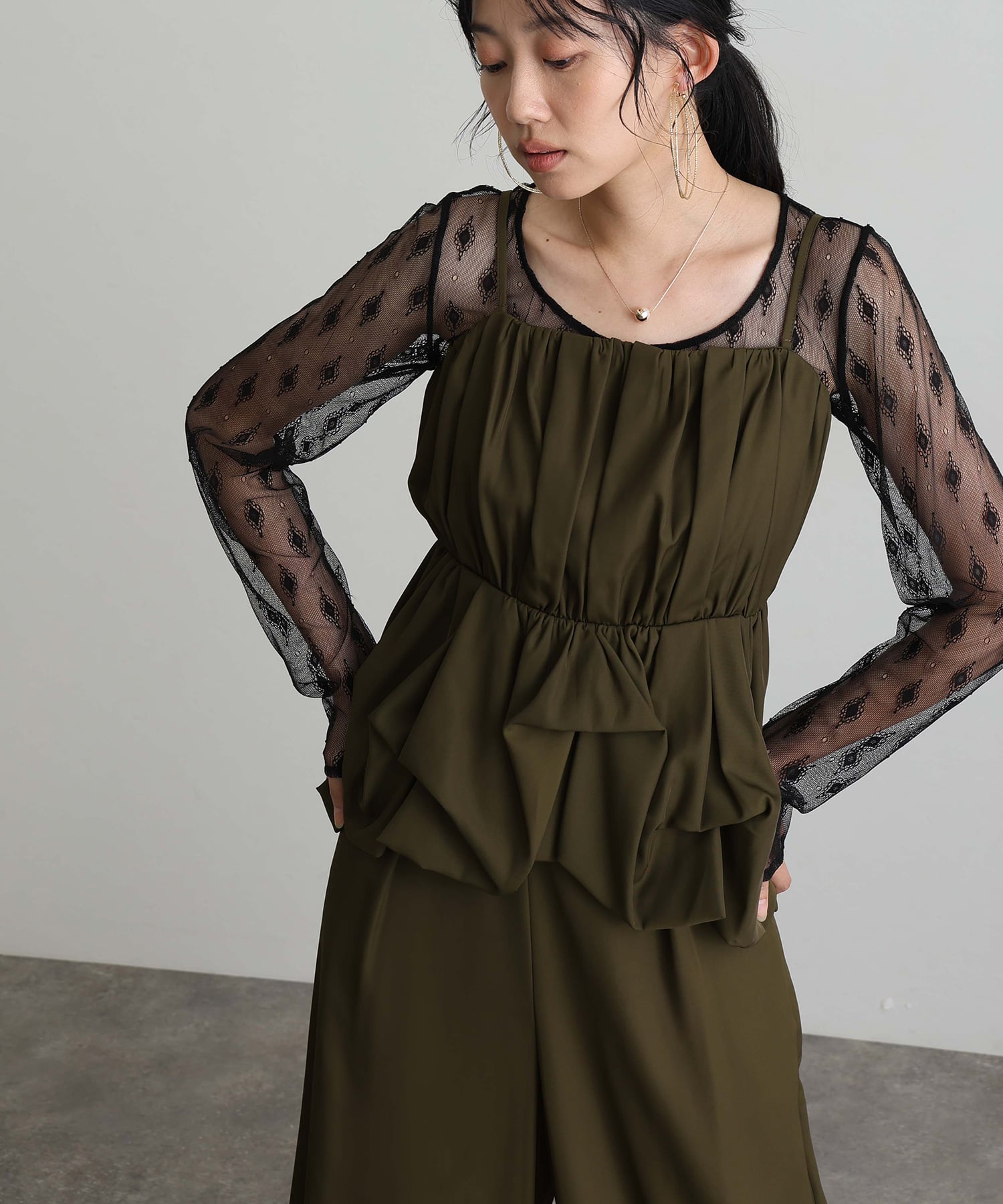 プールヴー PourVous バルーンキャミ ビスチェ パーティードレスフォーマルお呼ばれ&ロング丈ワイドパンツセットアップ結婚式二次会同窓会成人式オケージョンドレス フォーマル ワンピース パーティードレス （カーキ） カーキ