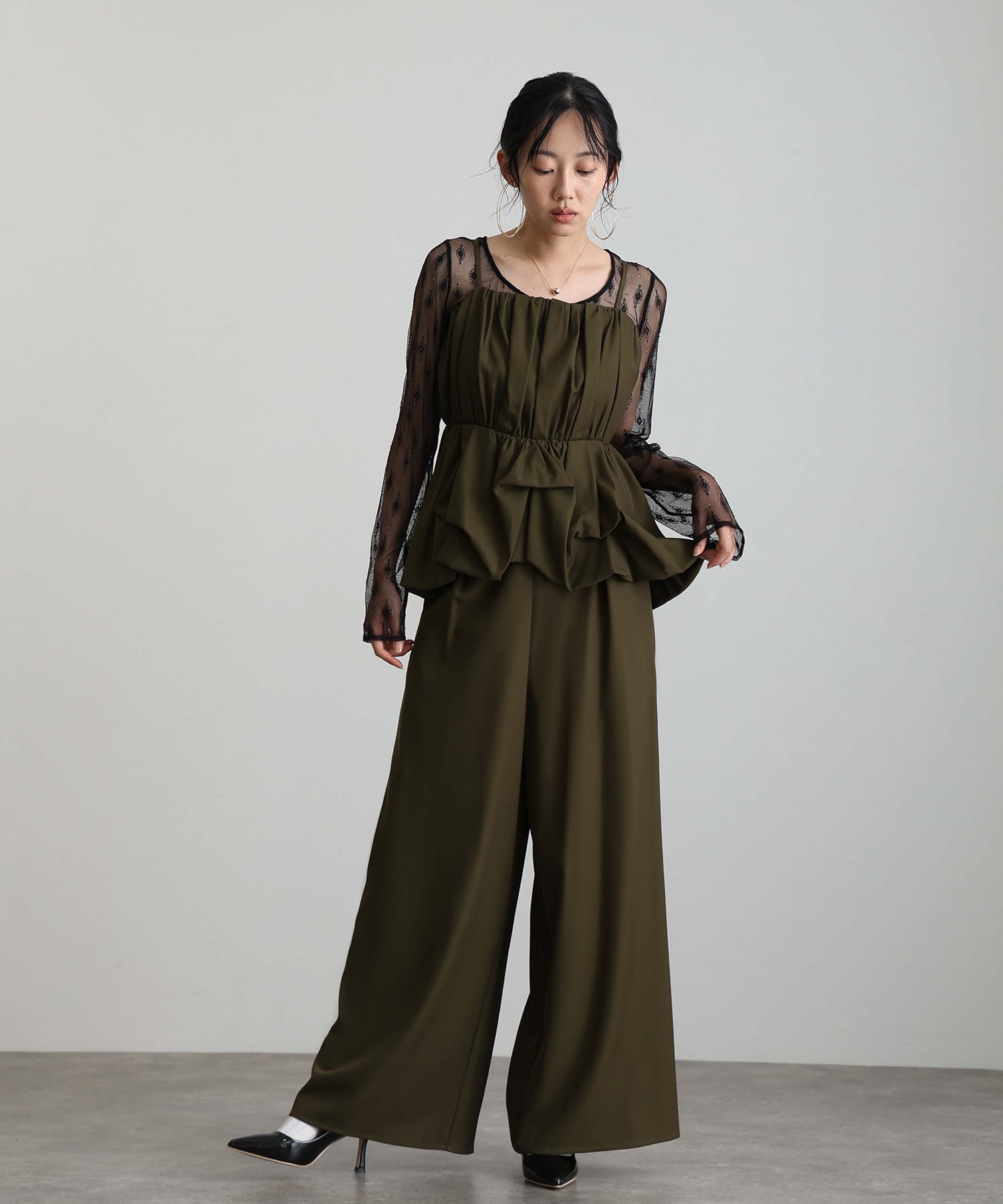 プールヴー PourVous バルーンキャミ ビスチェ パーティードレスフォーマルお呼ばれ&ロング丈ワイドパンツセットアップ結婚式二次会同窓会成人式オケージョンドレス フォーマル ワンピース パーティードレス （カーキ） カーキ