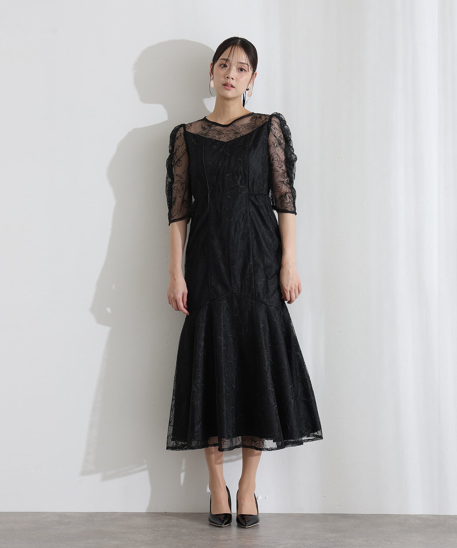 プールヴー PourVous ミモレ丈&七分袖フォーマルレイヤードチュールパフスリーブ透け感フレアセレモニー結婚式二次会パーティードレスオケージョンドレス同窓会成人式 フォーマル ワンピース パーティードレス （ブラック） ブラック