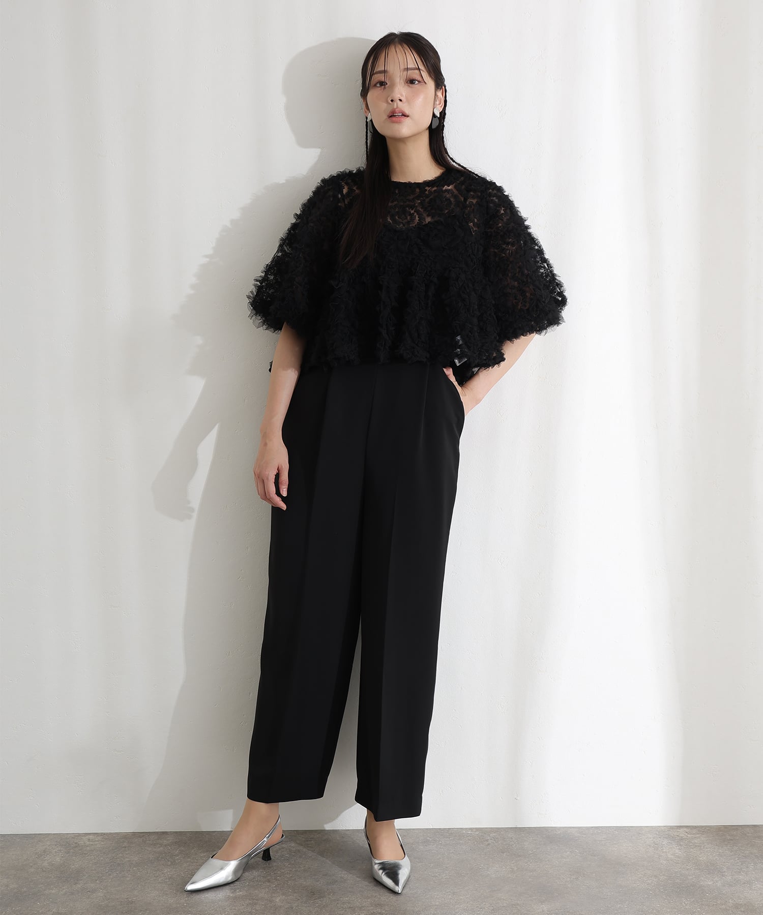 プールヴー PourVous ペタルテクスチャー2点セットパーティードレスフォーマルお呼ばれ&ロング丈ワイドオールインワン結婚式二次会同窓会成人式オケージョンドレス フォーマル ワンピース パーティードレス （ブラック） ブラック